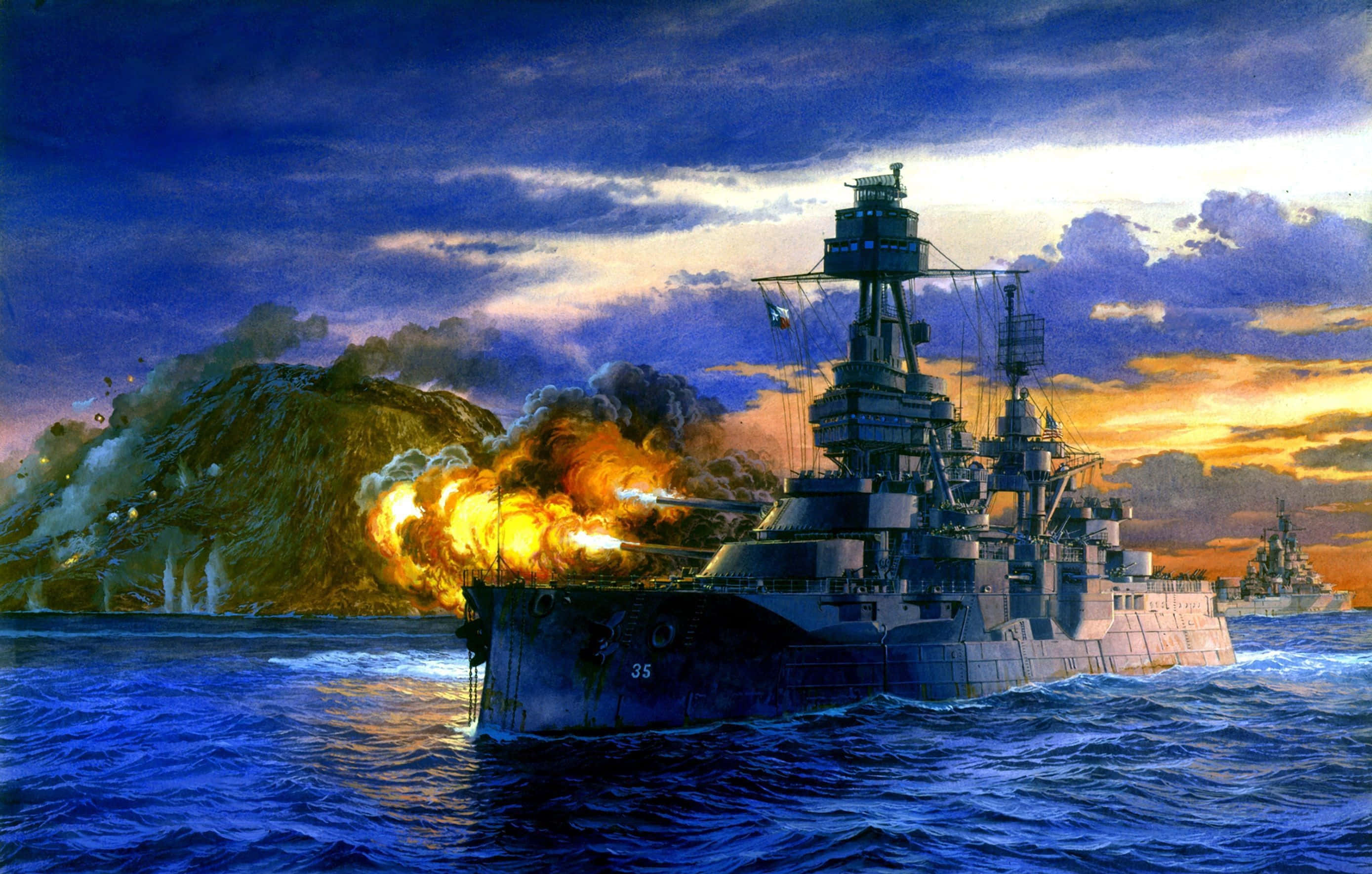 Battleship 桌布 壁紙 — 一艘戰艦在戲劇性的暮色天空下，向火山島發射巨型火炮，伴隨著熾熱的爆炸和翻騰的藍色波浪。
