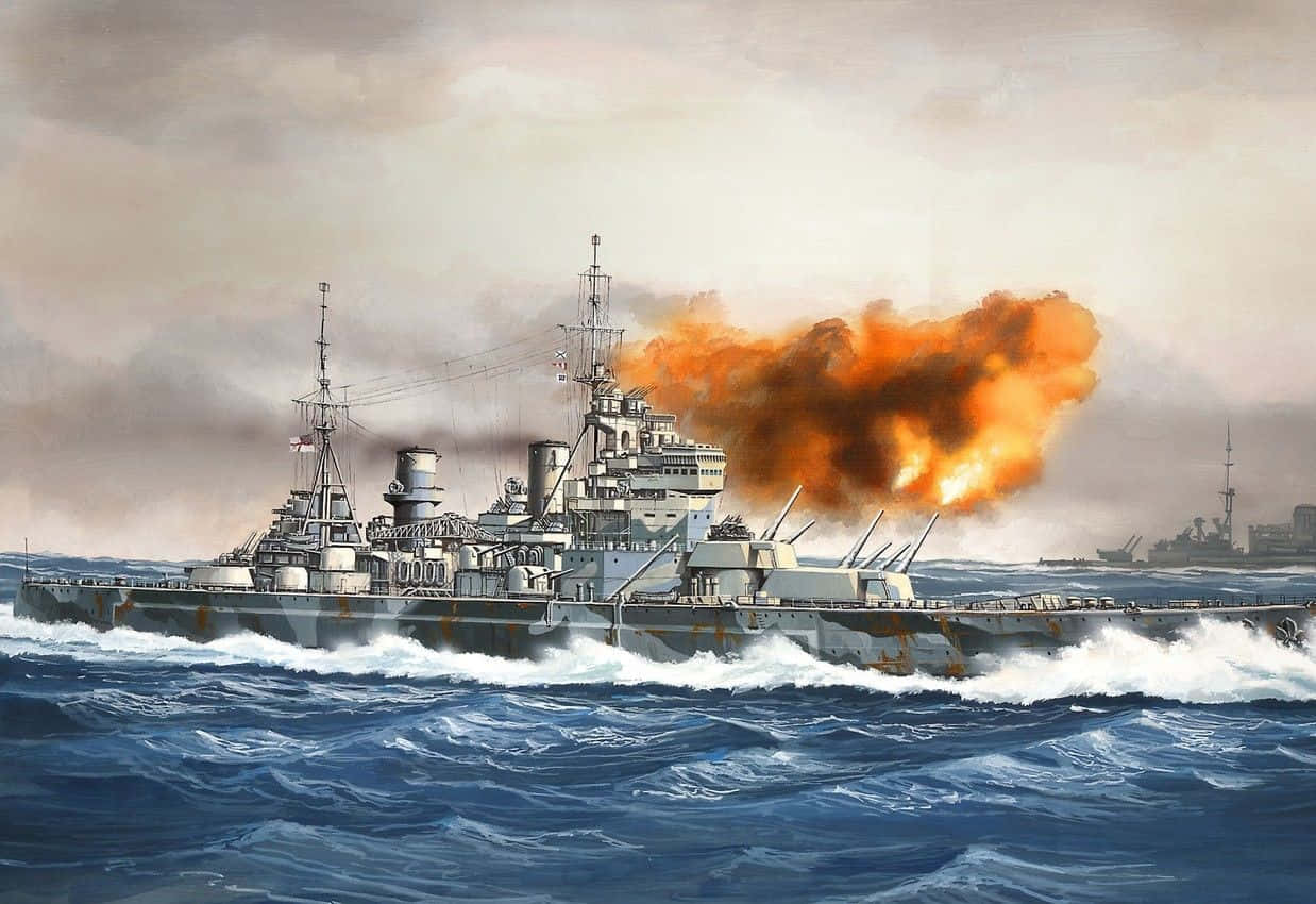 Battleship 桌布 壁紙 — 一艘戰艦在灰色天空下的波濤洶湧海域中發射一枚巨大的橙色砲彈。