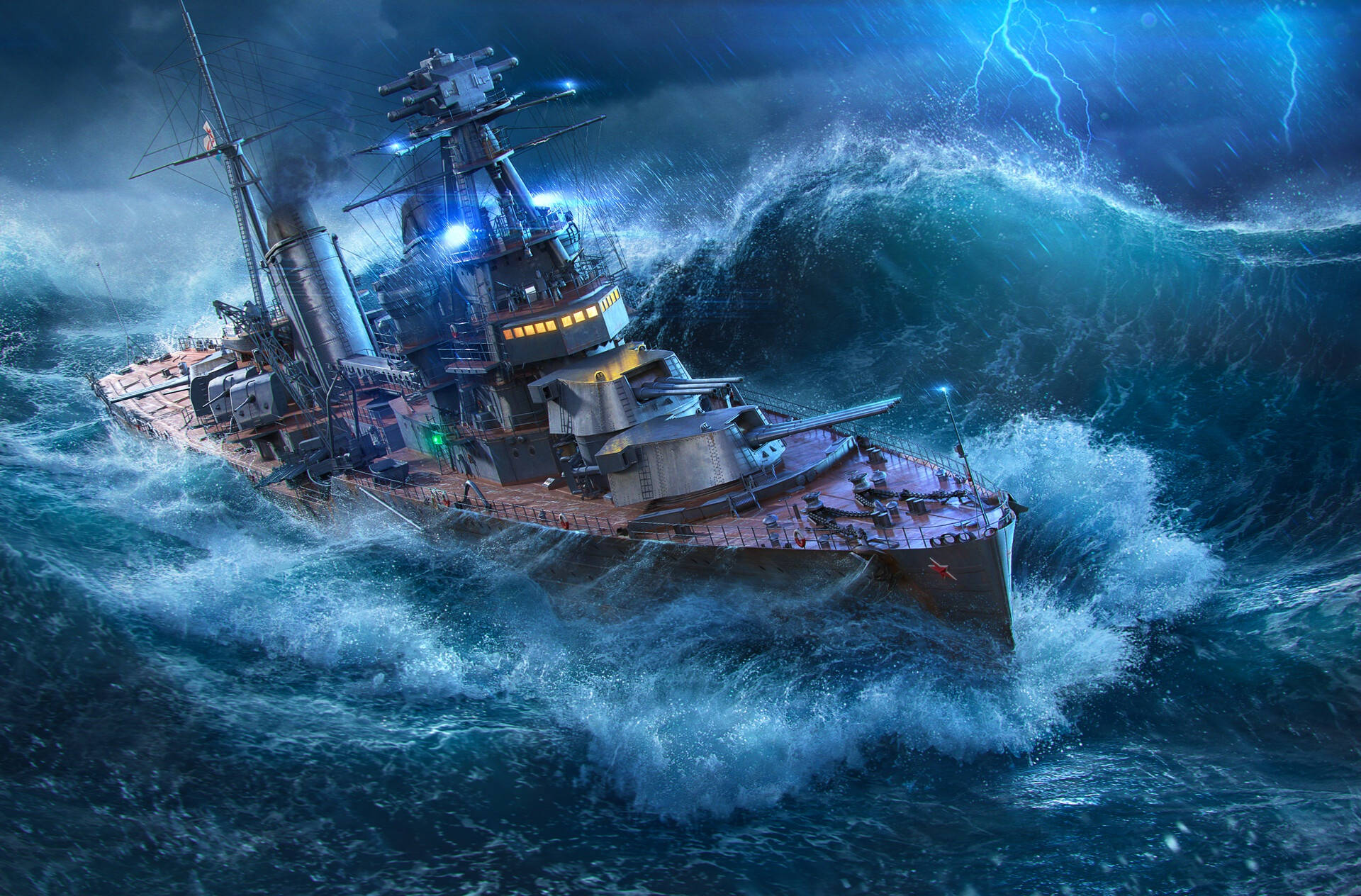 Warship 桌布 壁紙 — 一艘戰艦在電光藍色閃電照亮的暴風雨天空下，奮力穿越巨浪。