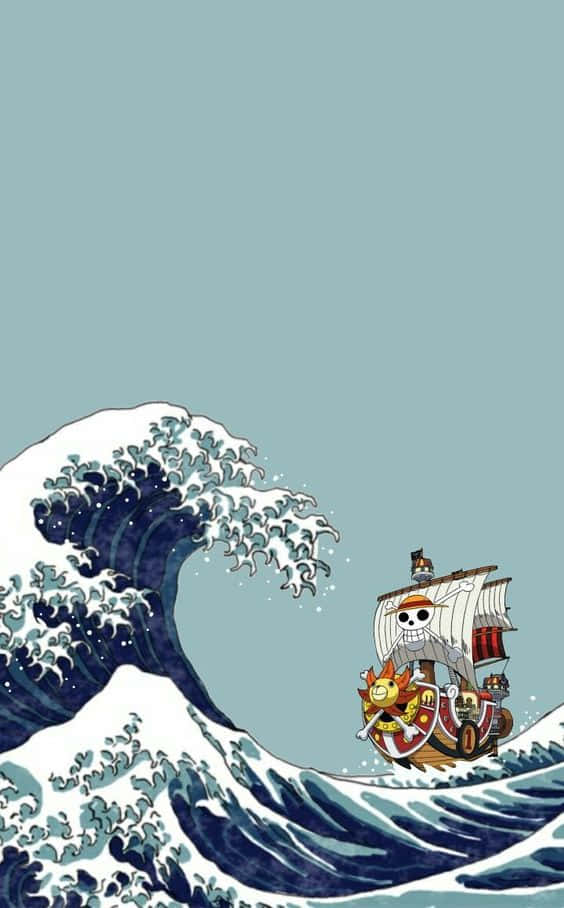 The Great Wave 桌布 壁紙 — 一艘掛著骷髏旗的海盜船，在仿照葛飾北齋《神奈川沖浪裏》風格的巨大藍色波浪中勇敢航行。