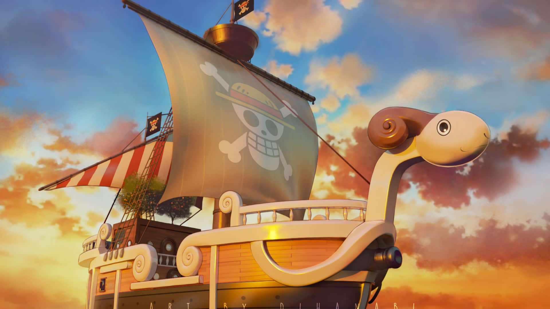 Going Merry 桌布 壁紙 — 一艘掛著骷髏旗的海盜船在充滿蓬鬆雲朵的鮮豔日落天空下航行。