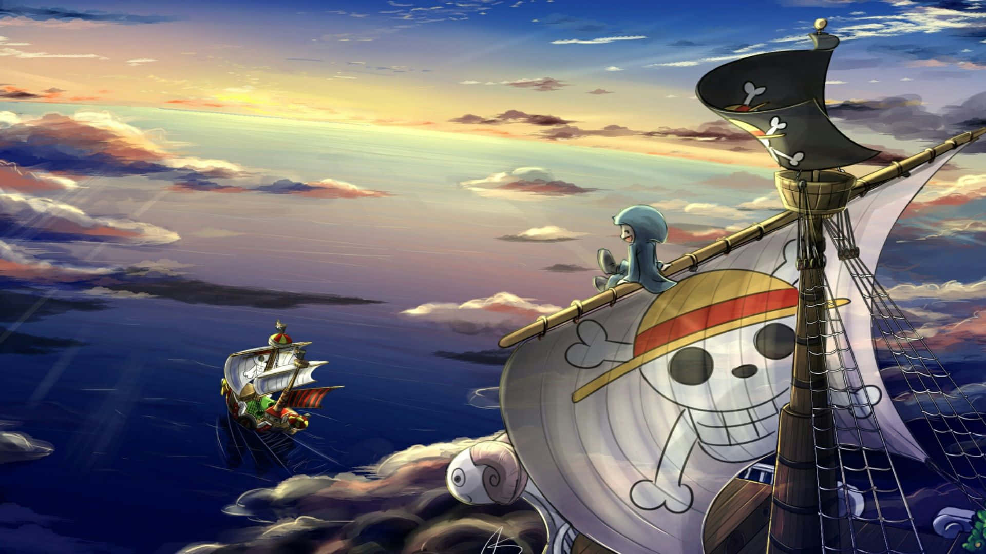 Going Merry 桌布 壁紙 — 一艘掛著骷髏旗的海盜船在色彩繽紛的日落海洋上航行，遠處有一艘較小的船隻。