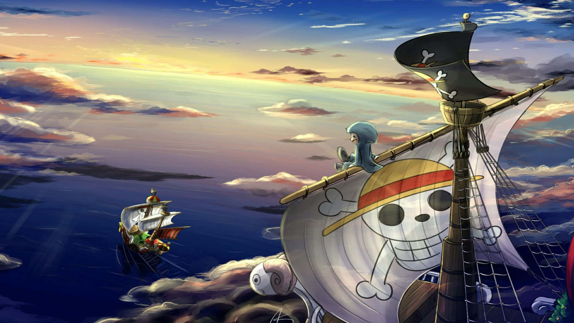 Going Merry 桌布 壁紙 — 一艘掛著骷髏旗的海盜船在雲層和海浪之上，航行於充滿活力的日落天空。
