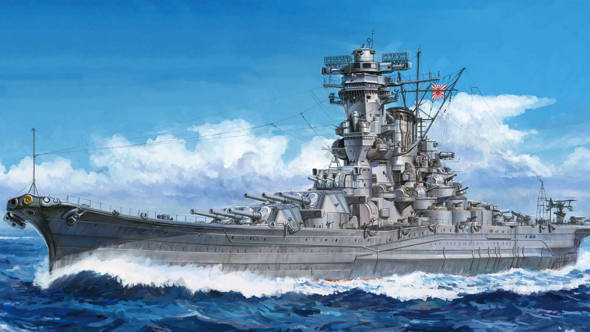 Cool Japanese 桌布 壁紙 — 一艘擁有多個砲塔的巨大戰艦，在晴朗的天空下，伴隨著蓬鬆的白雲，破浪前行於波濤洶湧的藍色海面上。