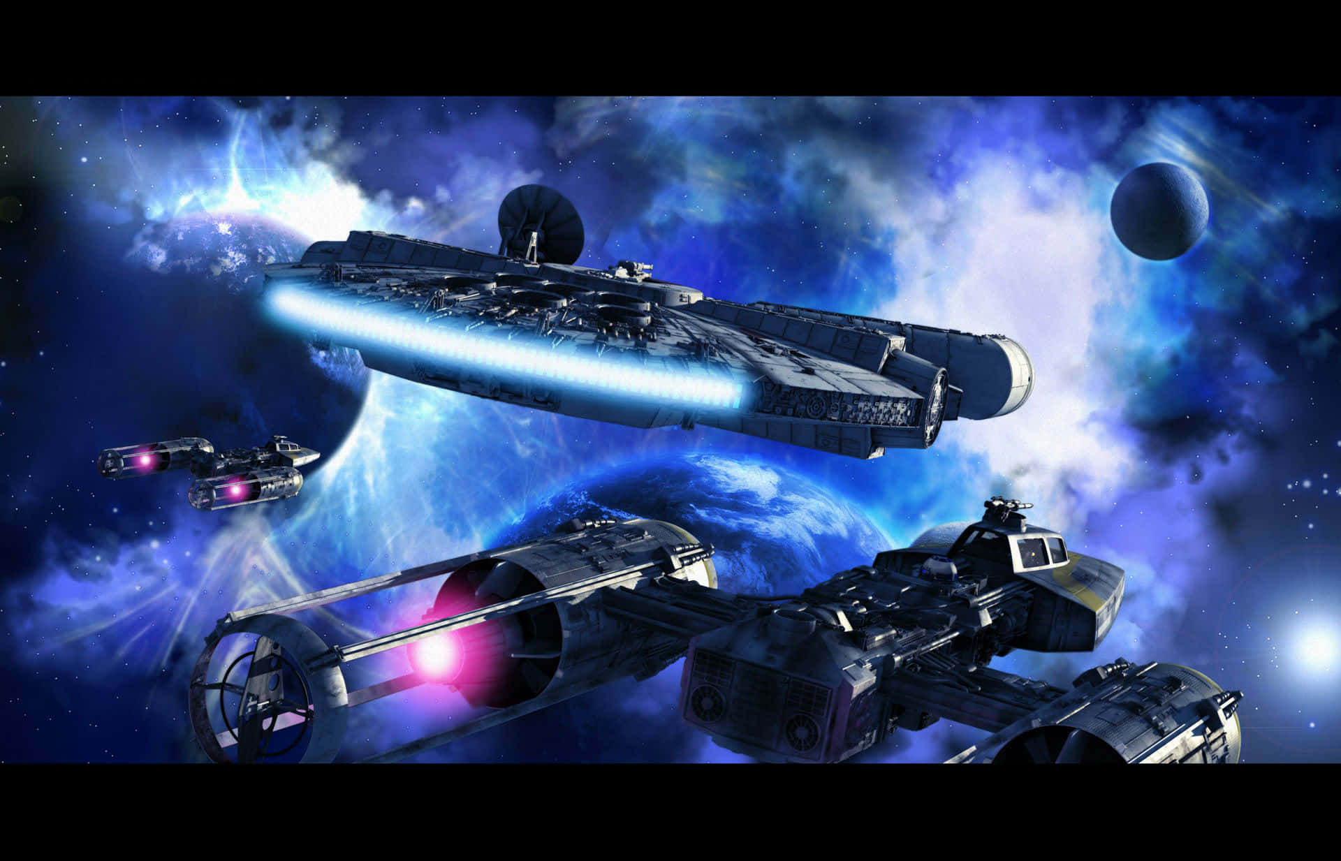 桌布 壁紙 — 一艘星艦和戰鬥機在充滿活力的宇宙星雲中翱翔，星雲中有發光的藍色和紫色雲層以及遙遠的行星。