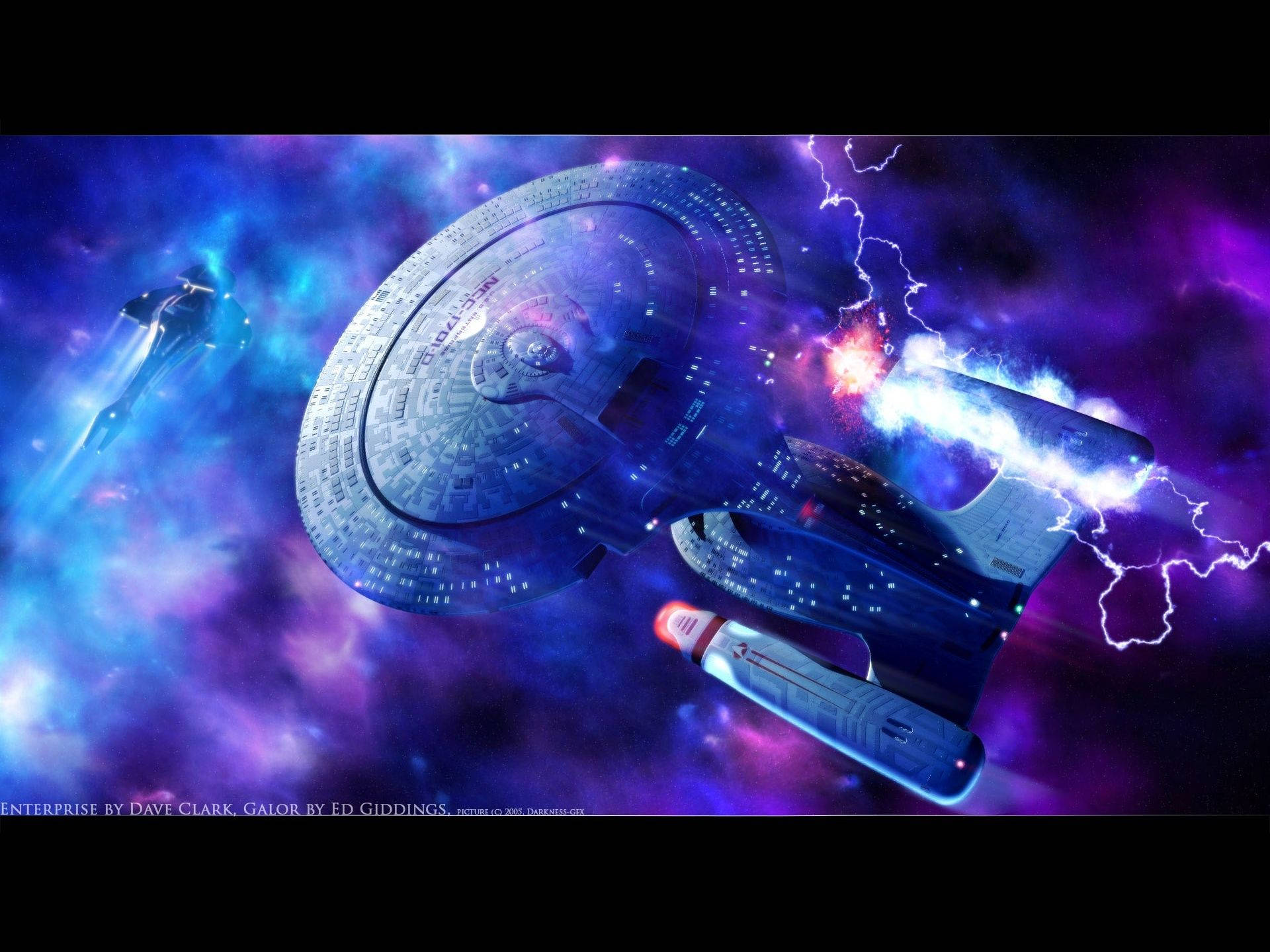 D 桌布 壁紙 — 一艘星艦在充滿活力的宇宙風暴中戰鬥，閃電在其船體周圍劈啪作響。