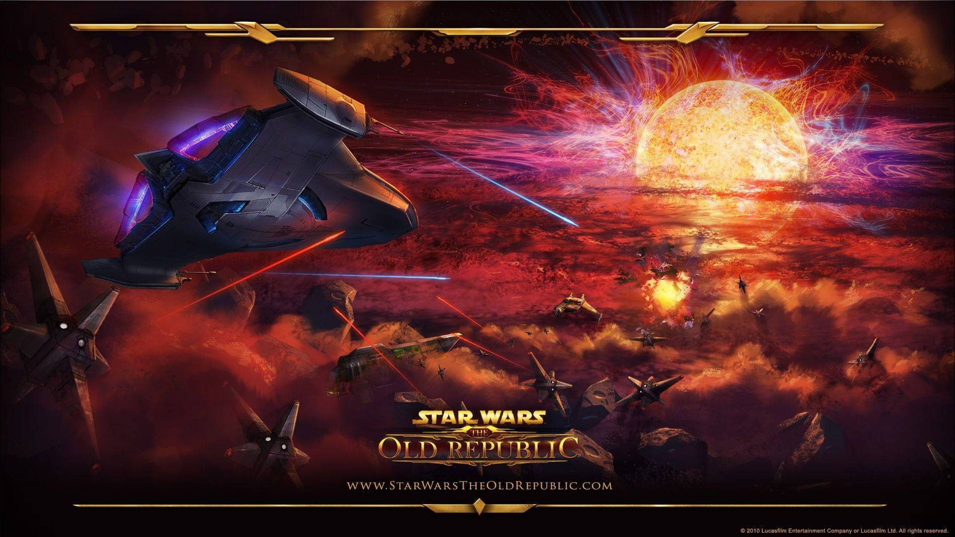 Swtor 桌布 壁紙 — 一艘星艦在熾熱星雲中發射雷射，較小的飛船在發光的太陽下戰鬥。