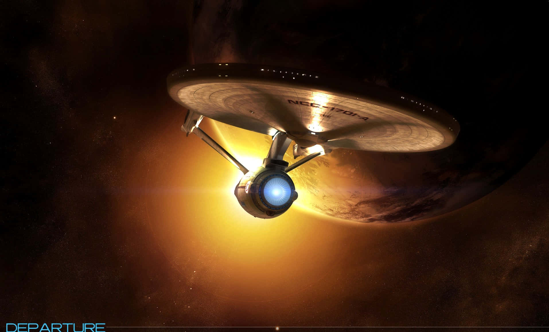 Starship 桌布 壁紙 — 一艘星艦滑過一顆發光的行星，背後有明亮的太陽，將金色光芒投射在其碟形上。