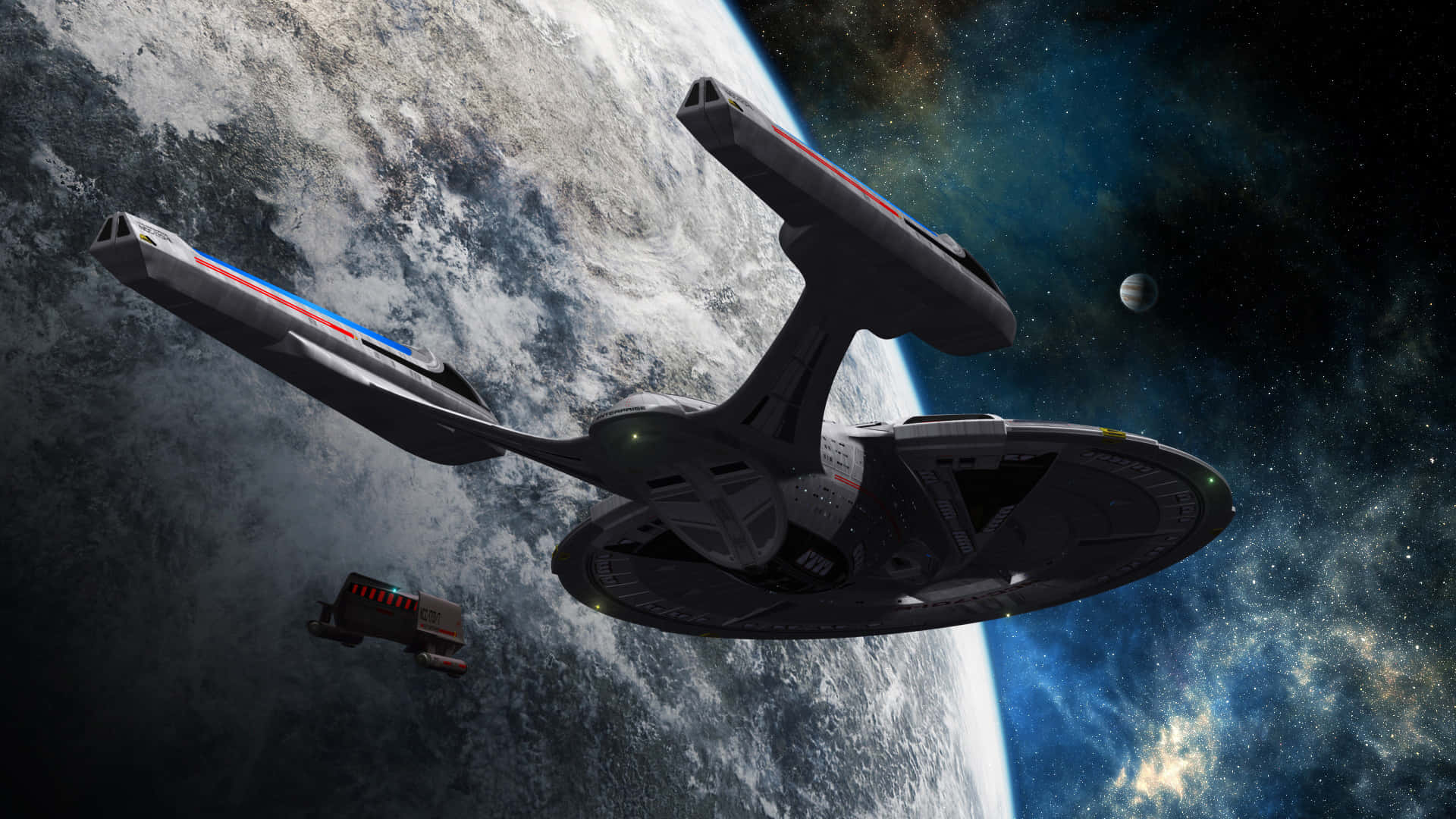 Star Trek Enterprise 桌布 壁紙 — 一艘星艦滑過一顆藍白相間的行星，星雲和恆星在宇宙虛空中閃耀。