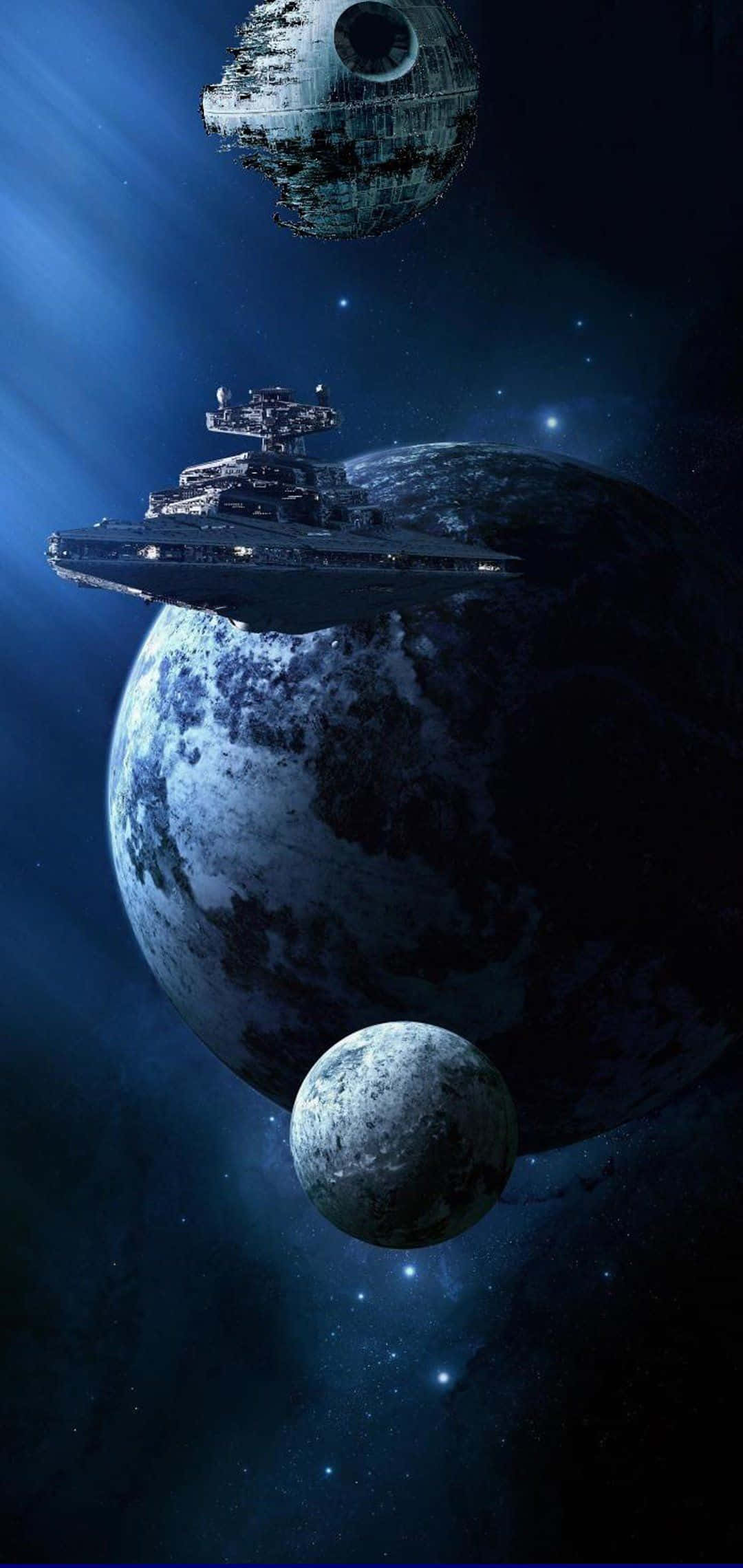 Star Wars Phone 桌布 壁紙 — 一艘星際毀滅者和死星在繁星點點的藍色虛空中籠罩著一顆行星和月球。