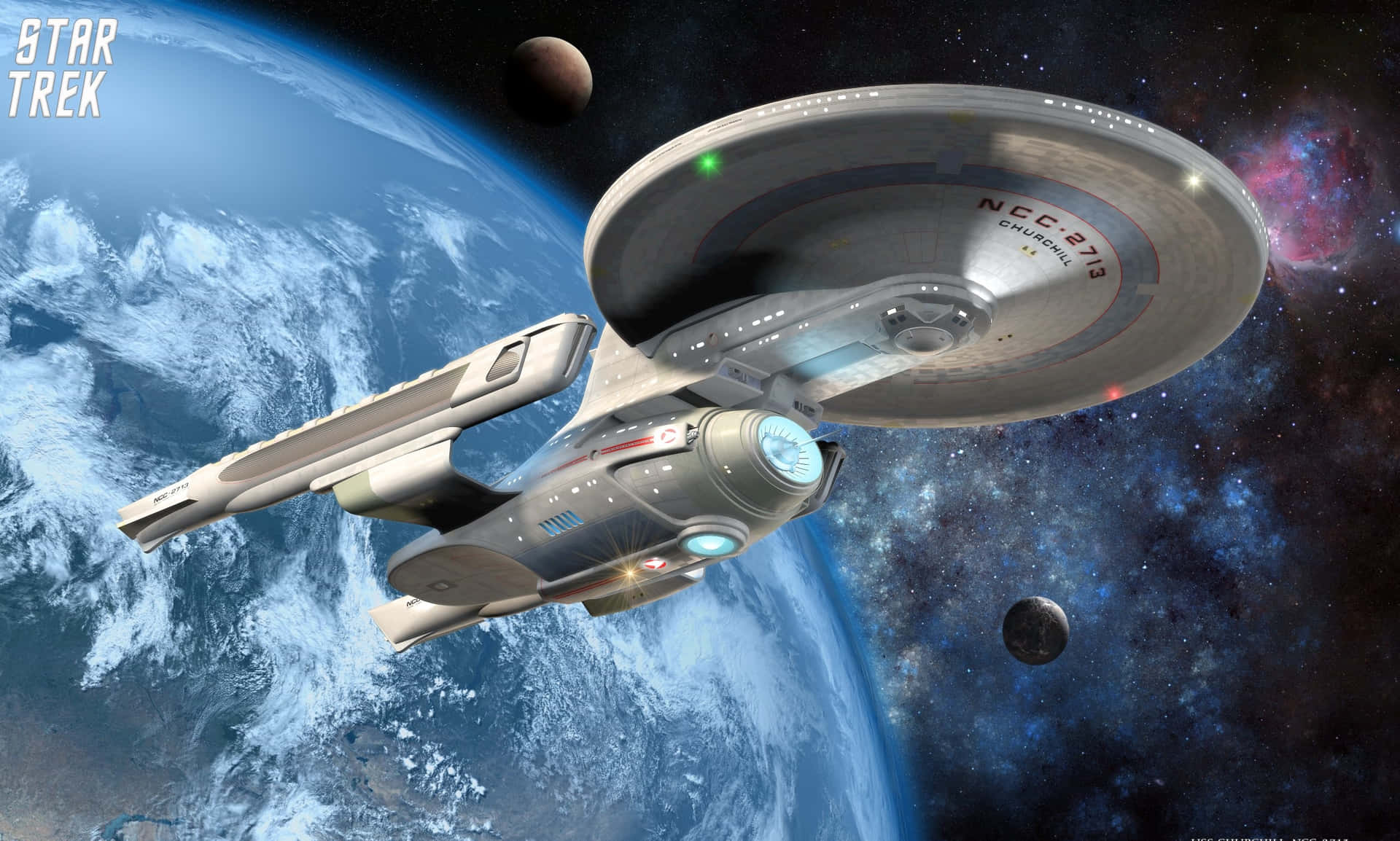 Star Trek Enterprise 桌布 壁紙 — 一艘星際聯邦星艦在繁星點點的宇宙背景下，繞著一個帶有漩渦雲層的藍色行星運行。