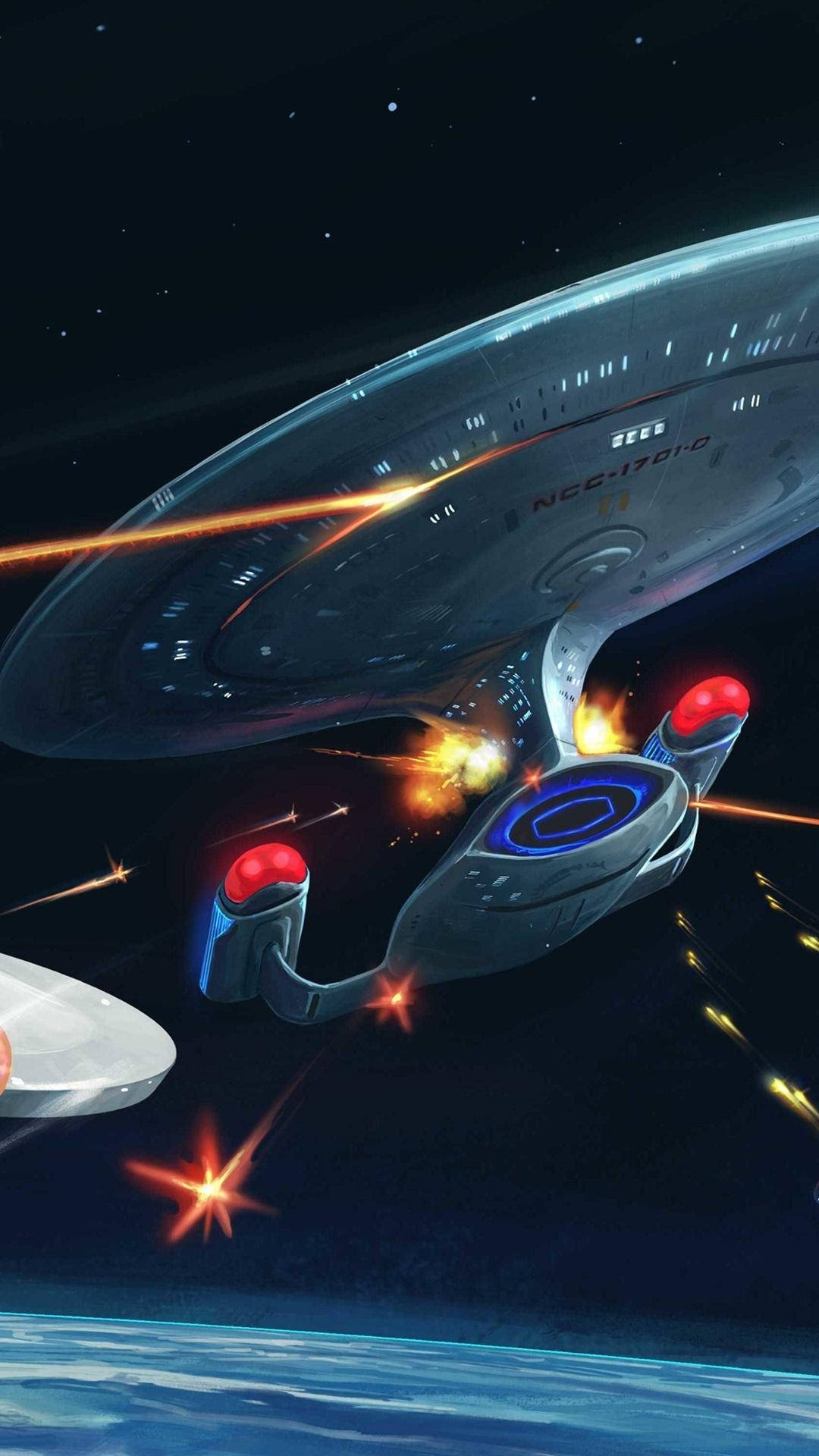 星際爭霸戰 iPhone 桌布 桌布 壁紙 — 一艘星際聯邦星艦在藍色行星上空，於星際虛空中戰鬥時發射相位炮。