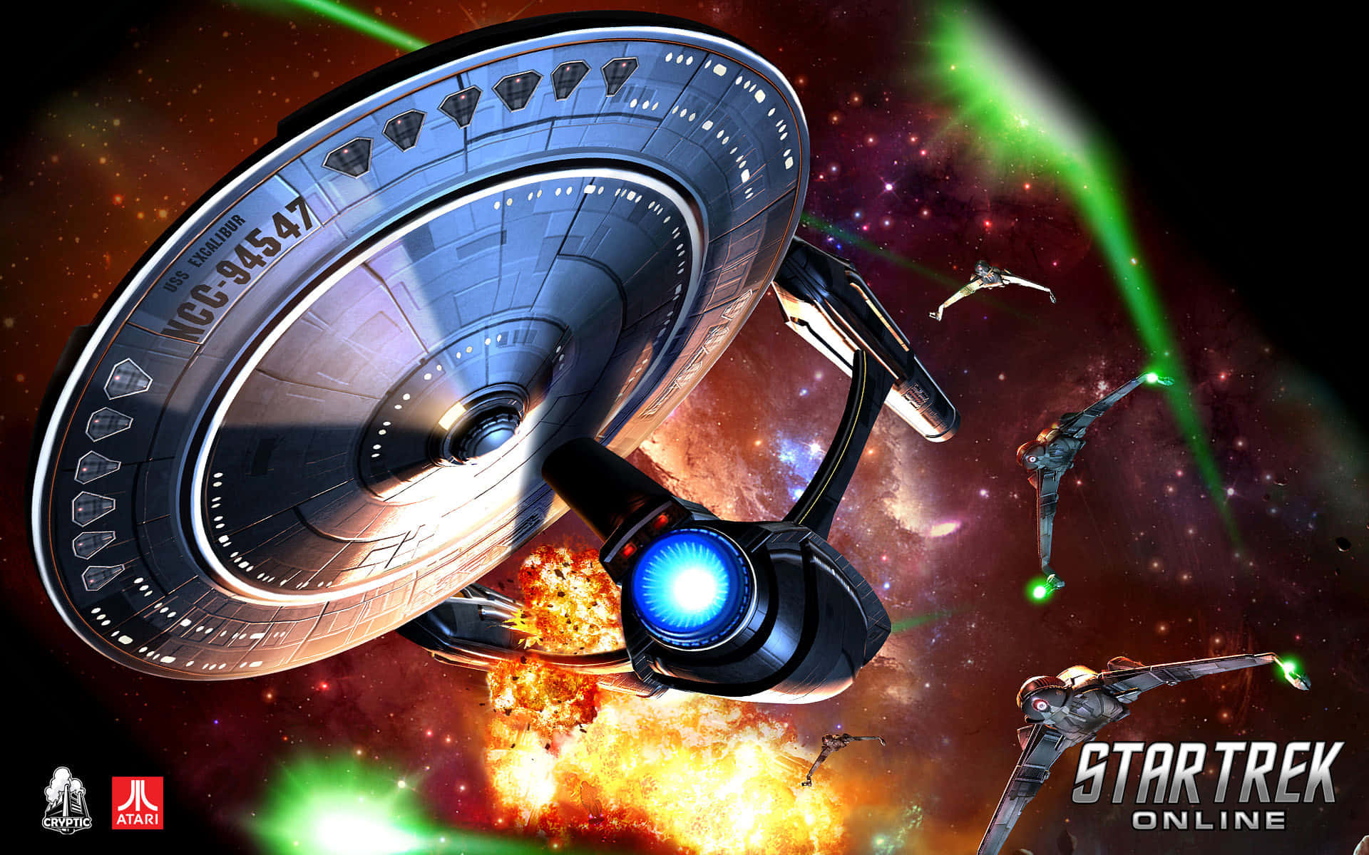 Starship 桌布 壁紙 — 一艘星際艦隊的星艦在充滿活力的星雲中戰鬥，較小的飛船在熾熱的爆炸中發射綠色激光。