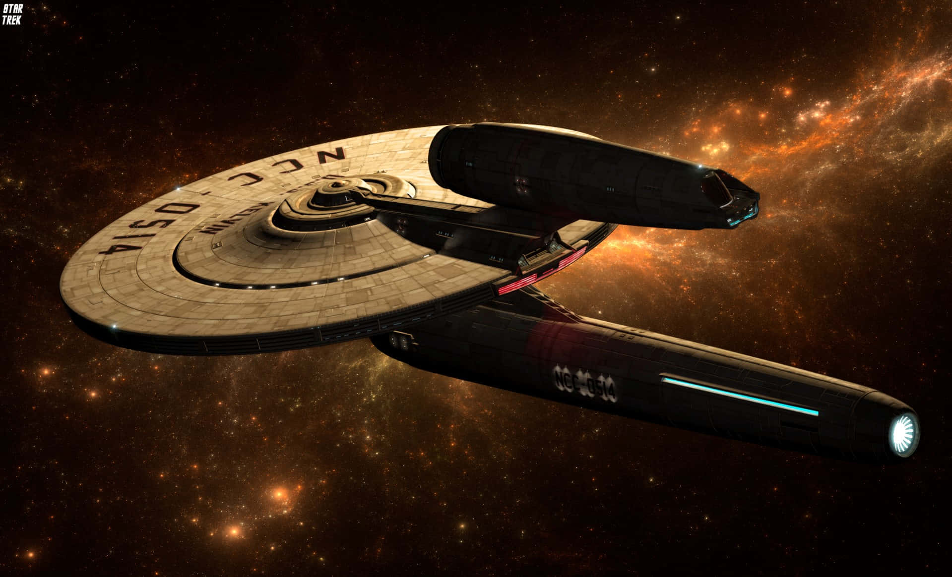 Starship 桌布 壁紙 — 一艘星際艦隊的星艦在充滿發光橙色和紅色星星的鮮豔星雲中滑行。