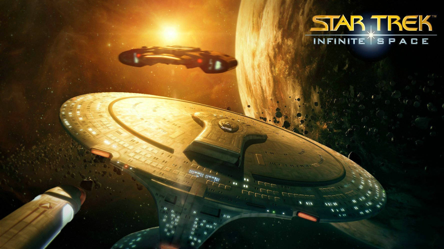 Starship 桌布 壁紙 — 一艘星際艦隊的飛船在一個發光行星附近的小行星帶中滑行，背後有太陽爆發的光芒。