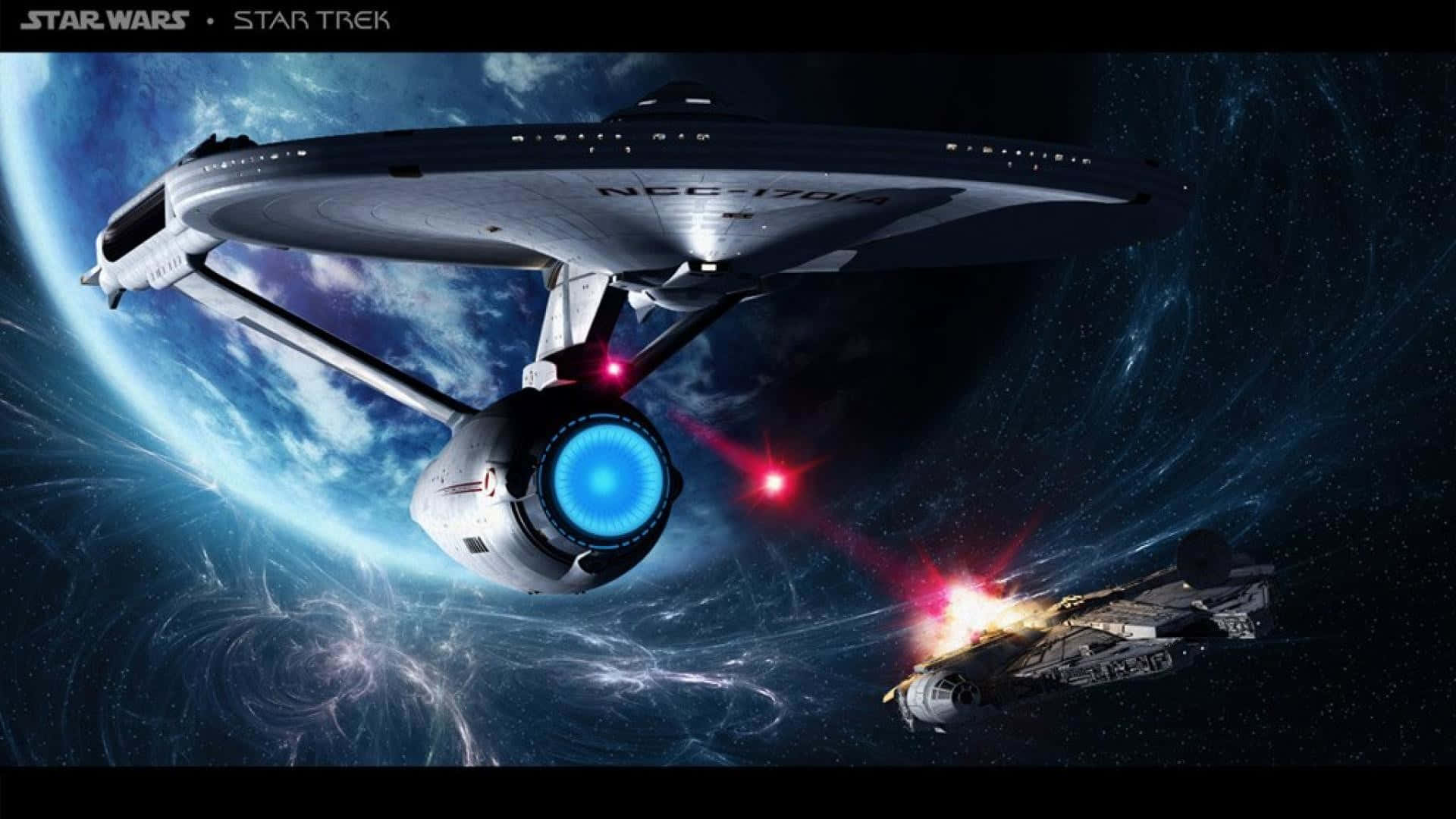 Star Trek Enterprise 桌布 壁紙 — 一艘星際艦隊飛船和千年鷹號在太空中的藍色行星附近戰鬥，周圍有旋轉的星雲。