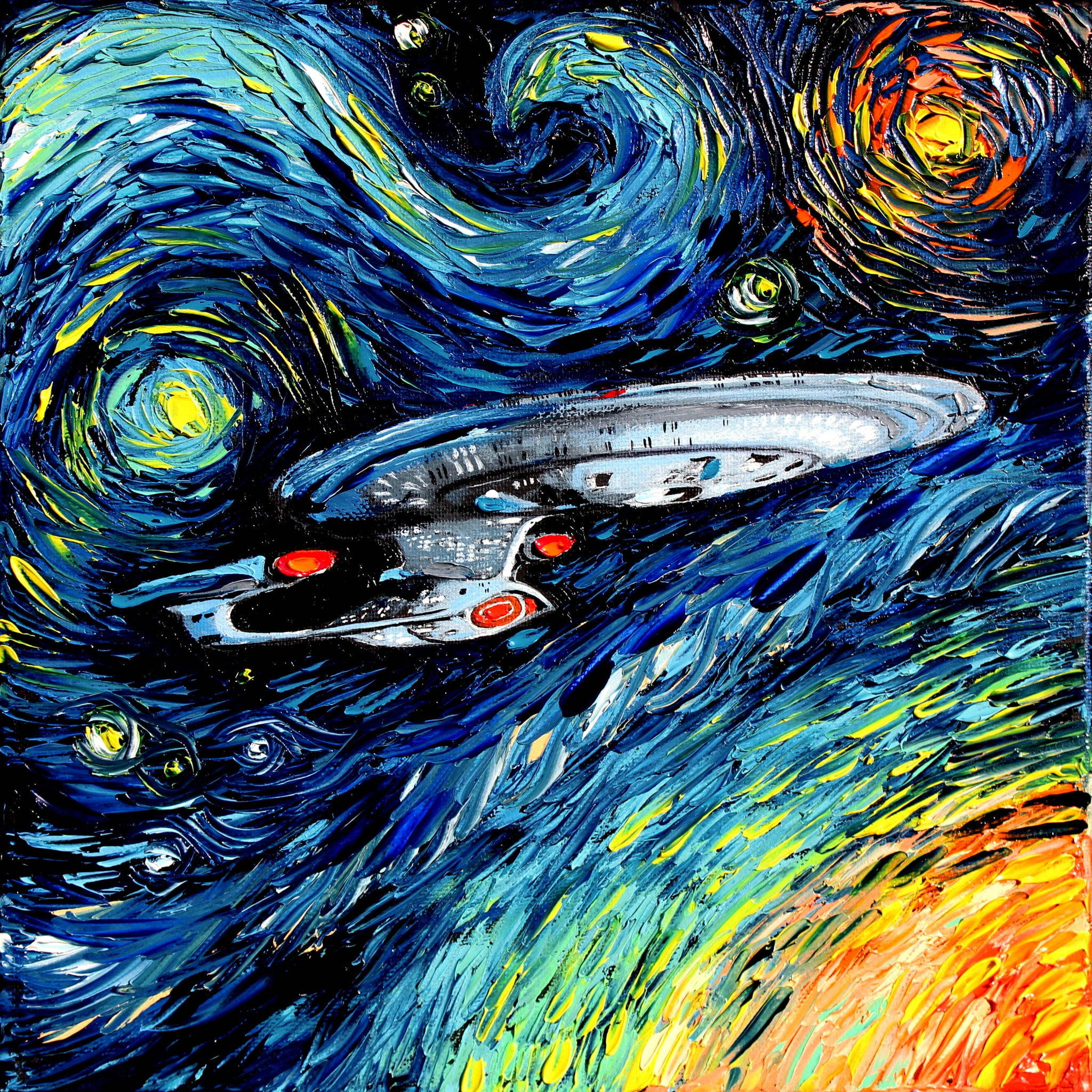 Vincent 桌布 壁紙 — 一艘星際飛船在梵谷風格的漩渦夜空下航行，帶有鮮明的藍色、黃色和星星。