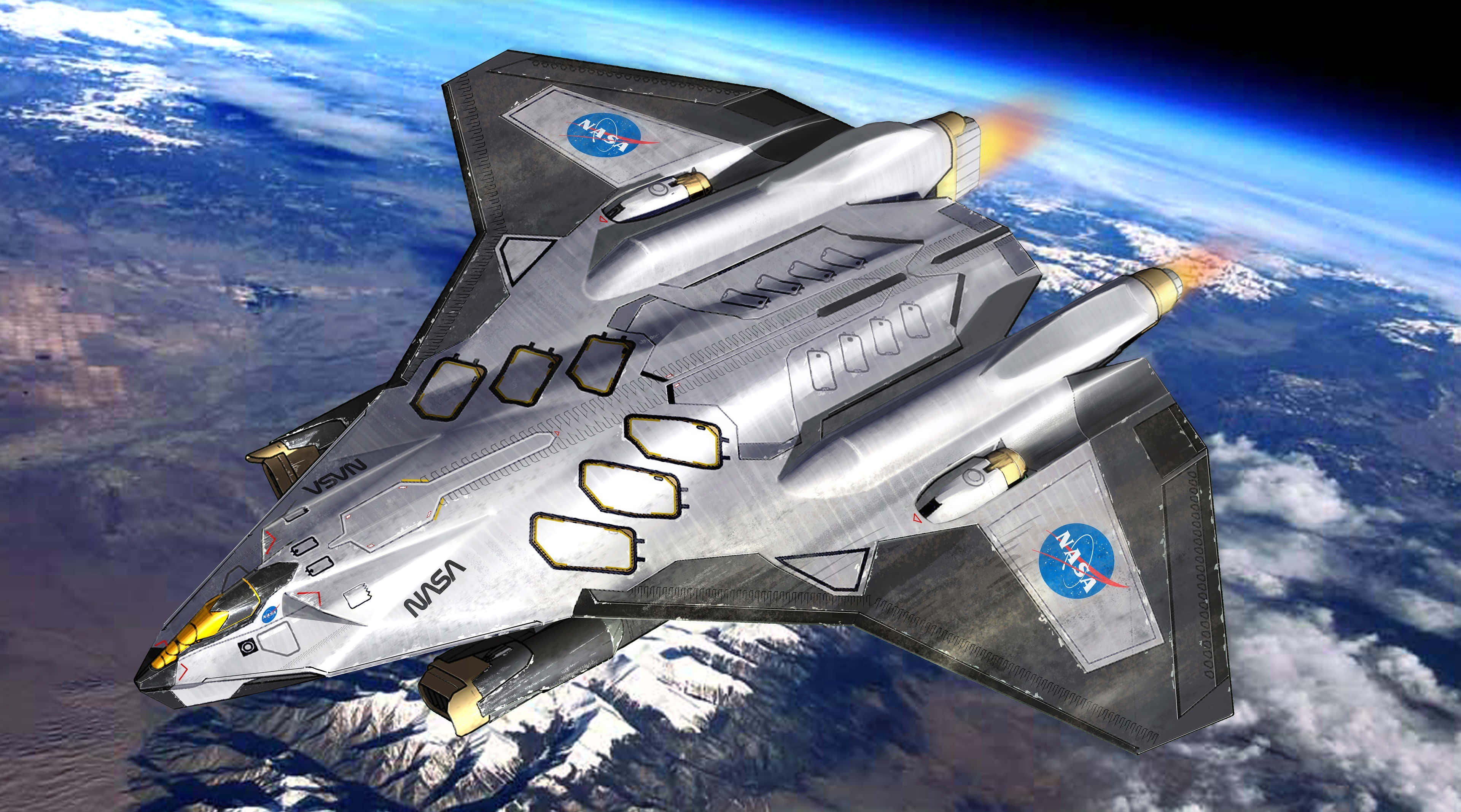 Spaceship 桌布 壁紙 — 一艘時尚的NASA太空船，配備發光引擎，在地球的藍色大氣層和白色雲層上方翱翔。