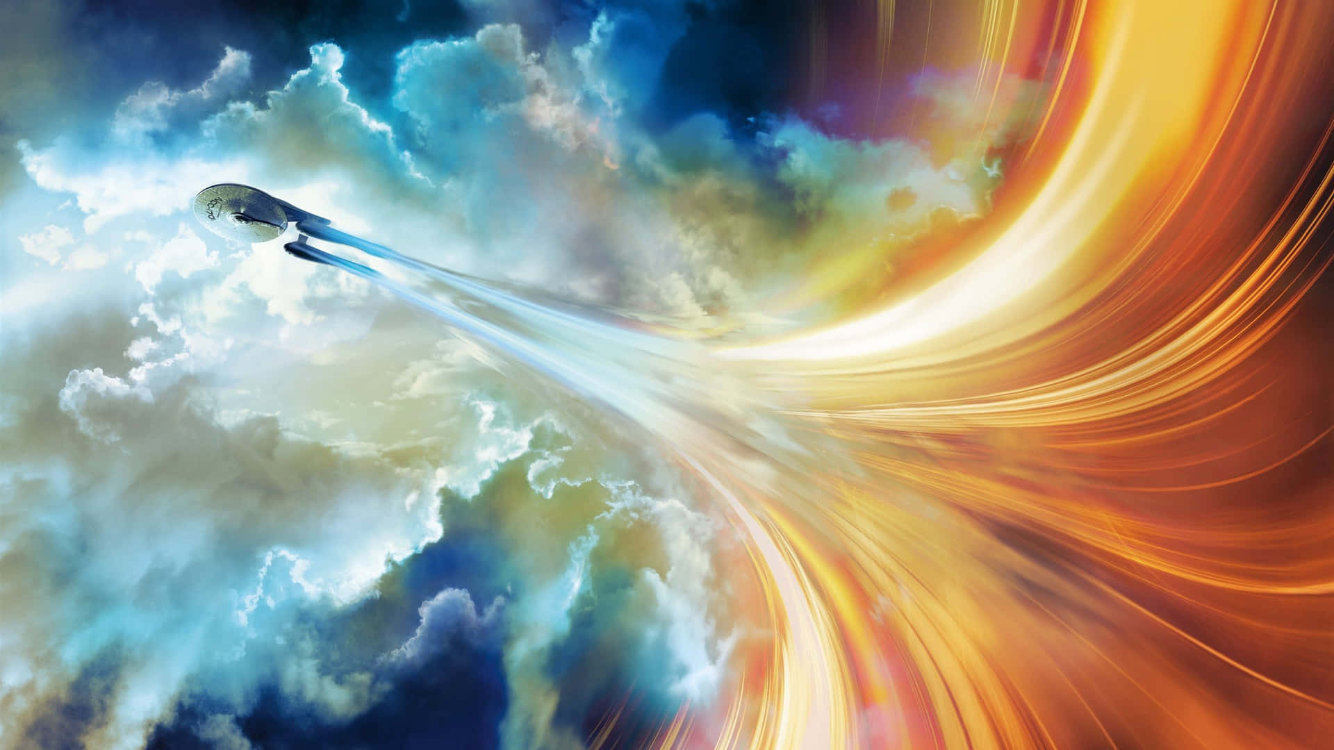 artwork 桌布 壁紙 — 一艘時尚的太空船劃過充滿活力的雲層，在宇宙日落中留下發光的痕跡。