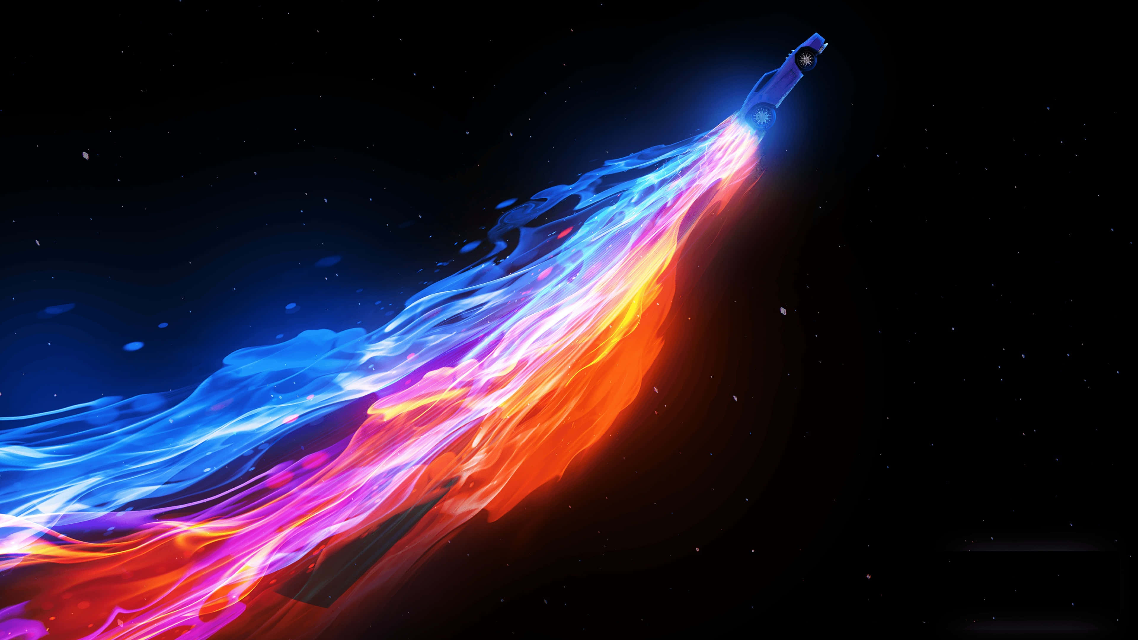 4K Display 桌布 壁紙 — 一艘時尚的太空船劃過星空，留下充滿活力的藍色和橙色能量尾跡。