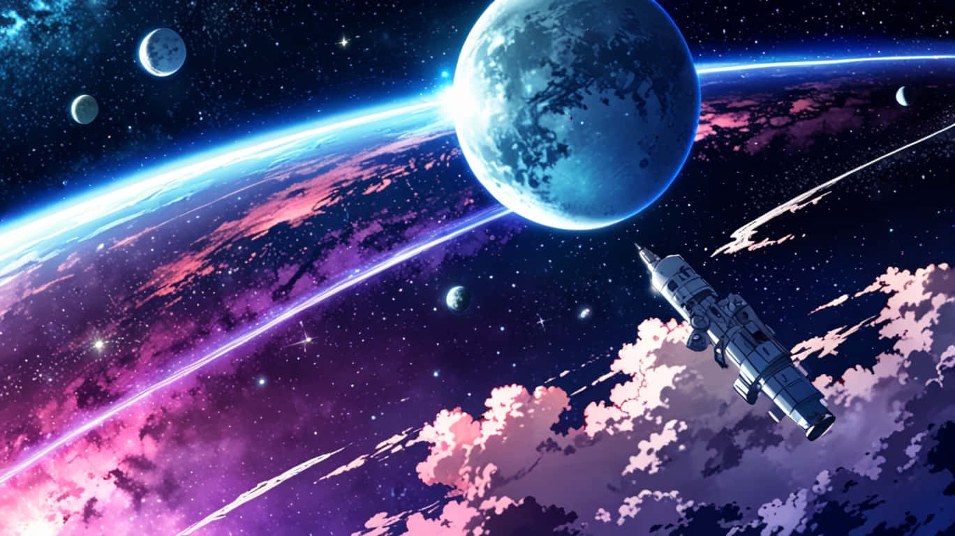 Galaxy Fade Dream – Peaceful, far from Earth, anime touch 壁紙 — 一艘時尚的太空船在充滿活力的宇宙場景中滑行，背景是發光的藍色行星和粉紫色星雲，襯托著星空。