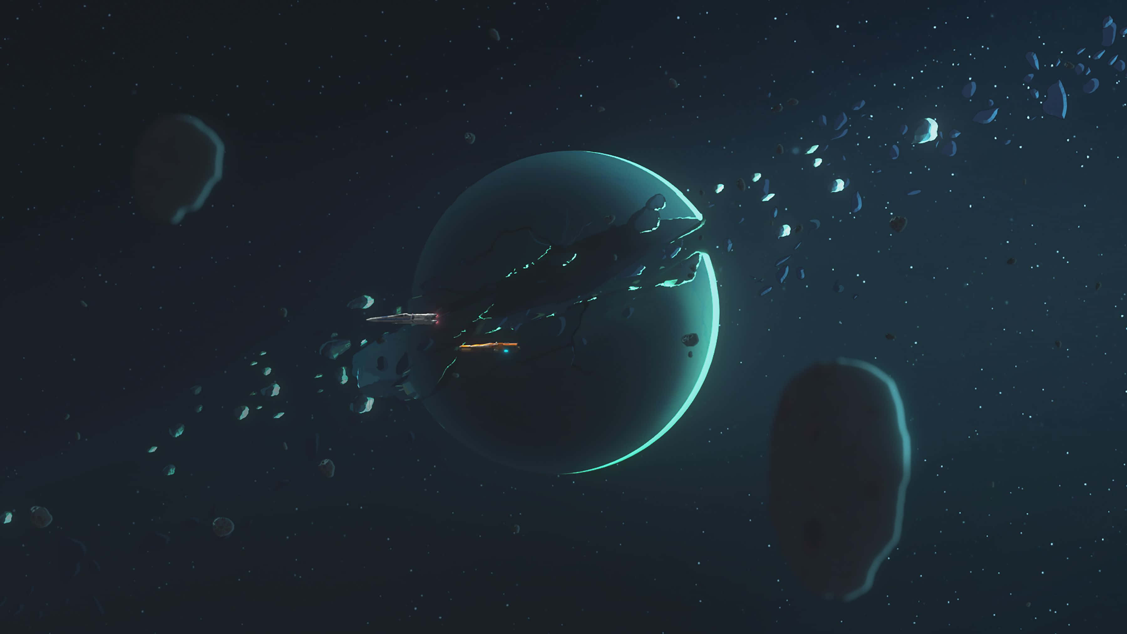 Starkiller Base 桌布 壁紙 — 一艘時尚的太空船在閃爍的青色行星和漂浮的小行星之間穿梭，航行於星羅棋布的宇宙虛空之中。