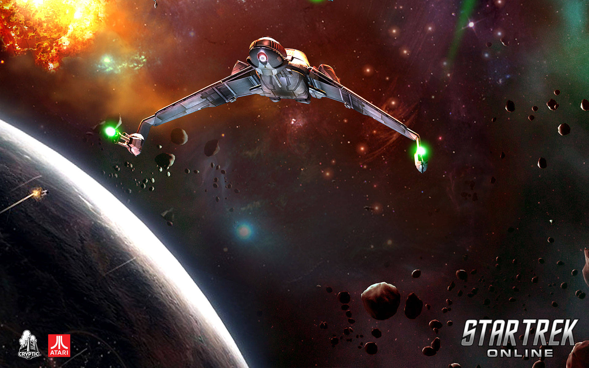 Starship 桌布 壁紙 — 一艘時尚的星艦，配備發光的綠色引擎，在充滿小行星的行星附近飛過充滿活力的星雲。