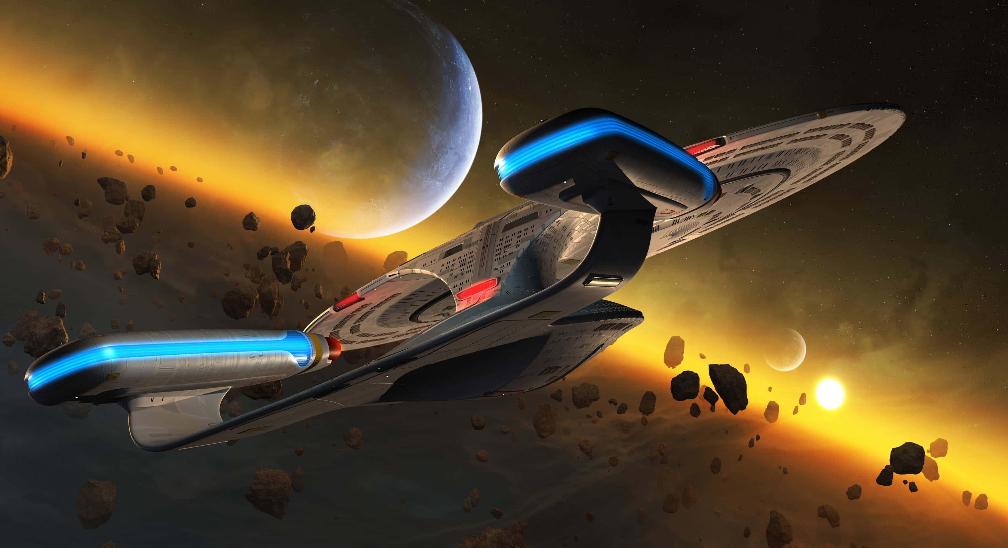 Space Exploration 桌布 壁紙 — 一艘時尚的星艦，配備發光的藍色引擎，在發光的行星和太陽附近的岩石小行星帶中航行。