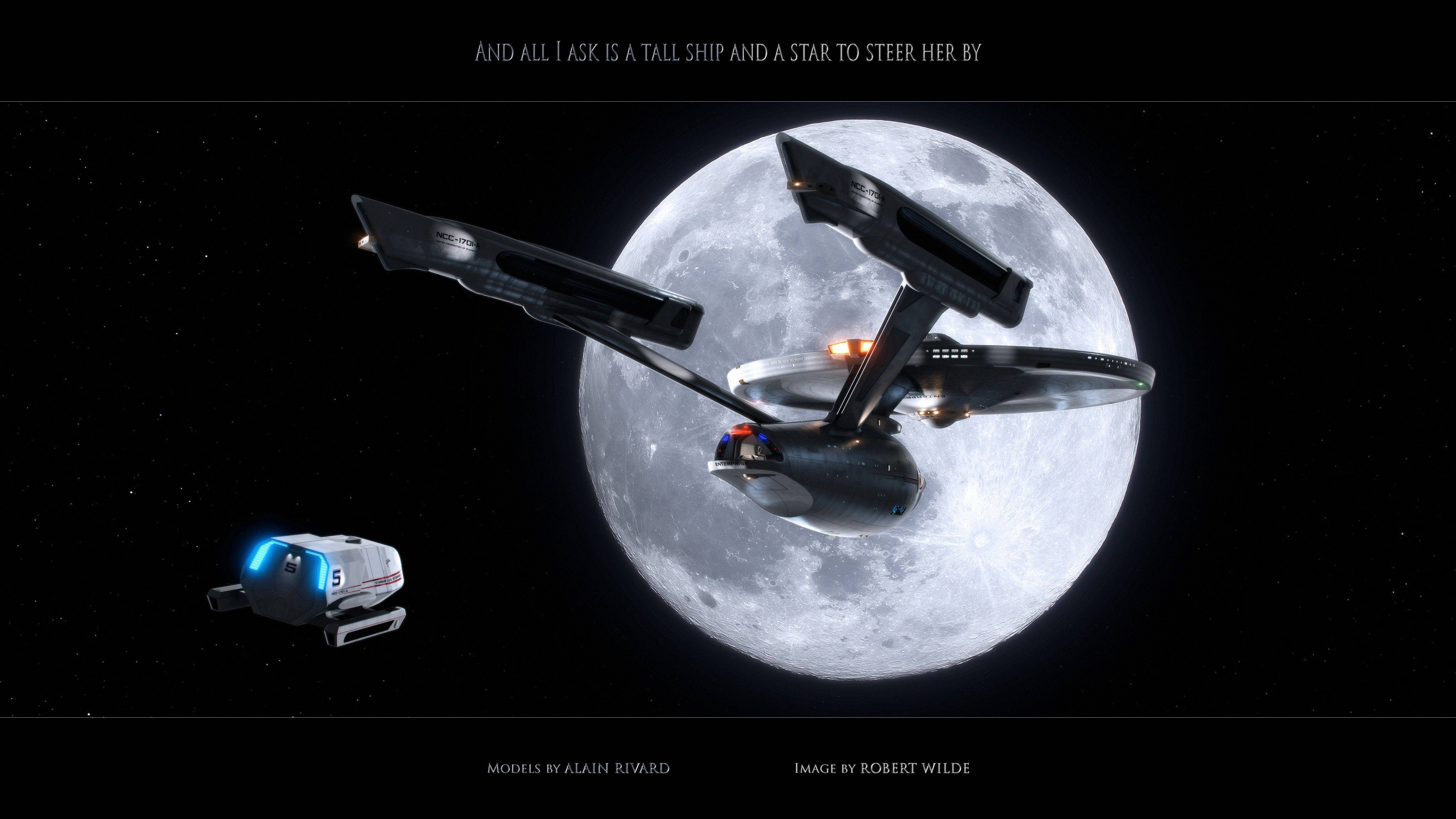 Starship 桌布 壁紙 — 一艘時尚的星艦在深空中滑過一顆巨大的月球，附近有一架小型無人機。