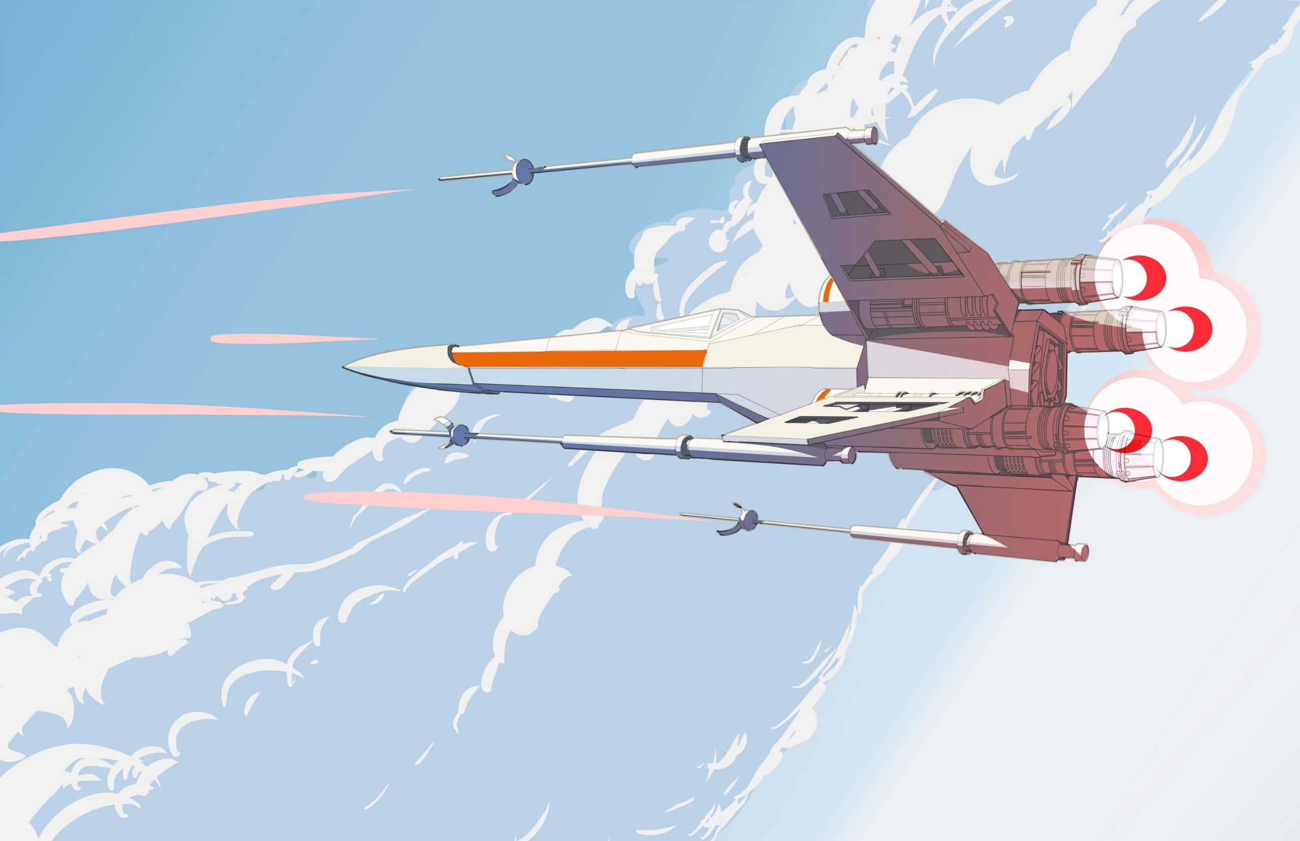 Star Wars X Wing 桌布 壁紙 — 一艘時尚的星際戰鬥機配備紅色推進器，在晴朗的藍天下衝破雲層，留下粉紅色雷射軌跡。