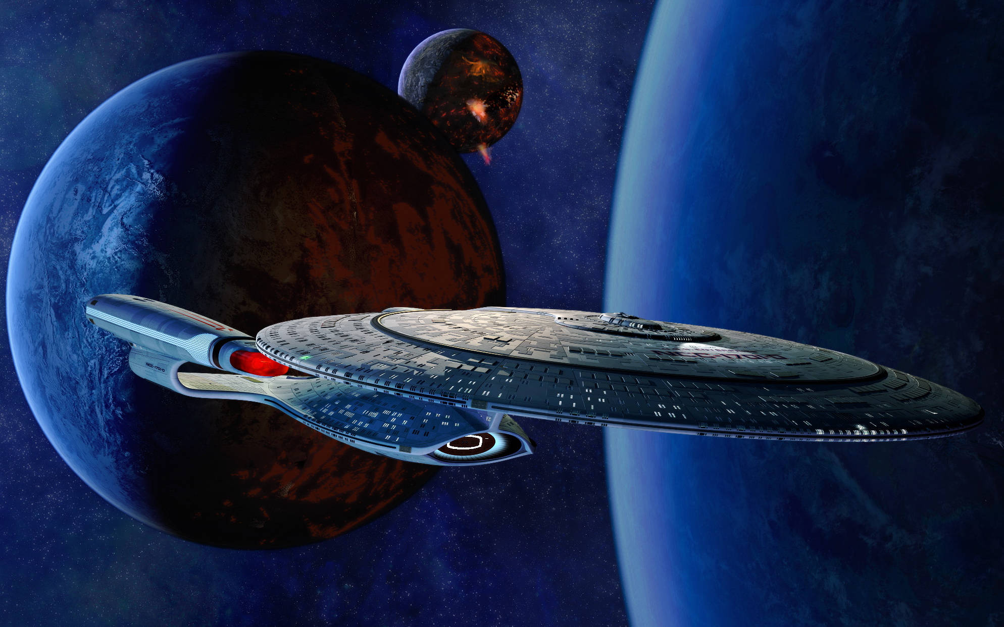 Starship 桌布 壁紙 — 一艘時尚的星際飛船在佈滿星空的宇宙中，於兩顆巨大行星之間滑行。