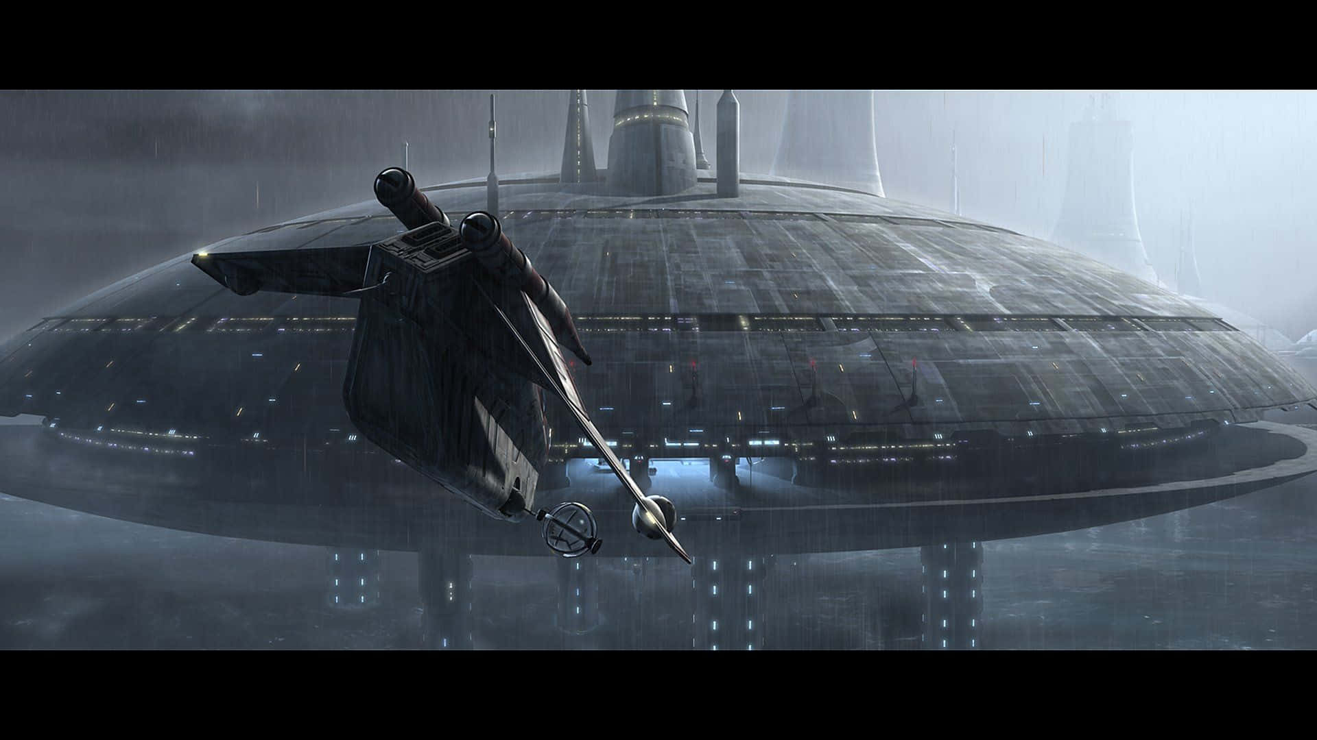 Kamino 桌布 壁紙 — 一艘時尚的星際飛船在雨天的氛圍天空下飛過一個巨大的未來太空站。