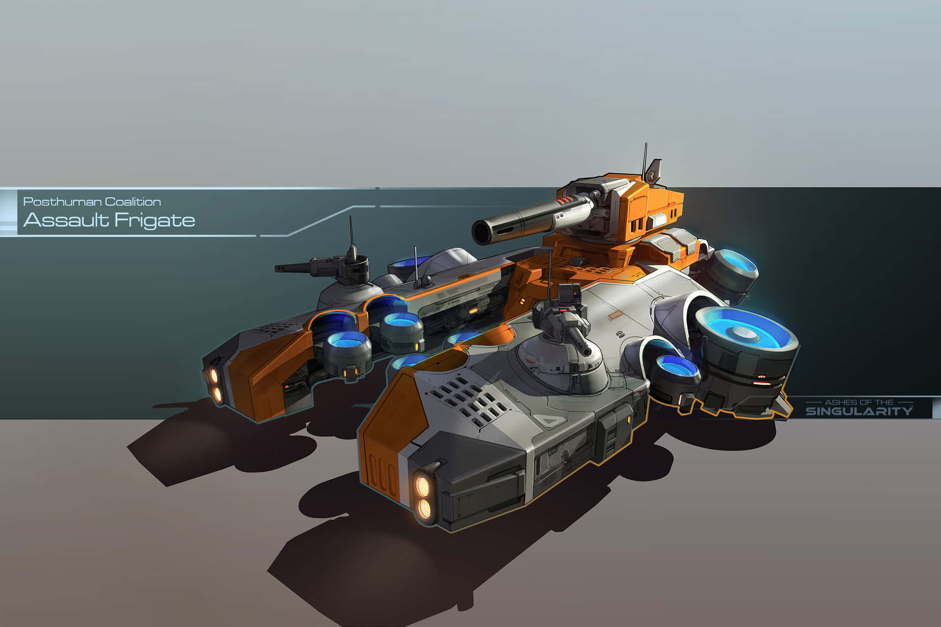 未來主義橙色和灰色攻擊護衛艦，帶有發光藍色引擎，在工作室地板上。 — 船 GIF 壁紙