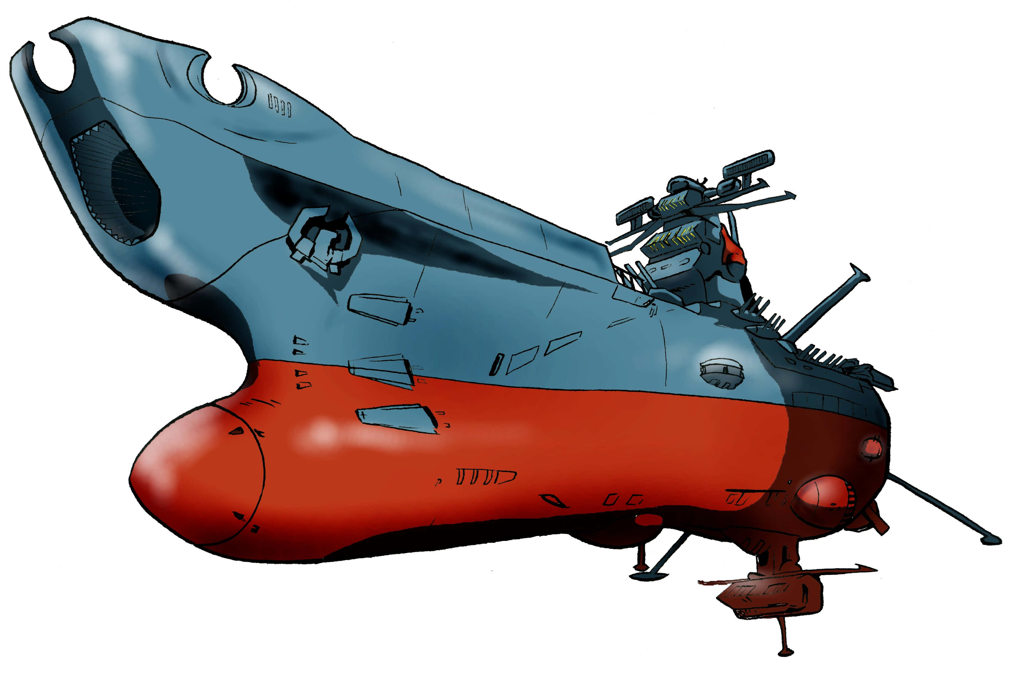 Space Battleship Yamato 桌布 壁紙 — 一艘時尚的未來主義潛艇，帶有紅色下部船體和藍色上部，詳細配備武器和機械部件。