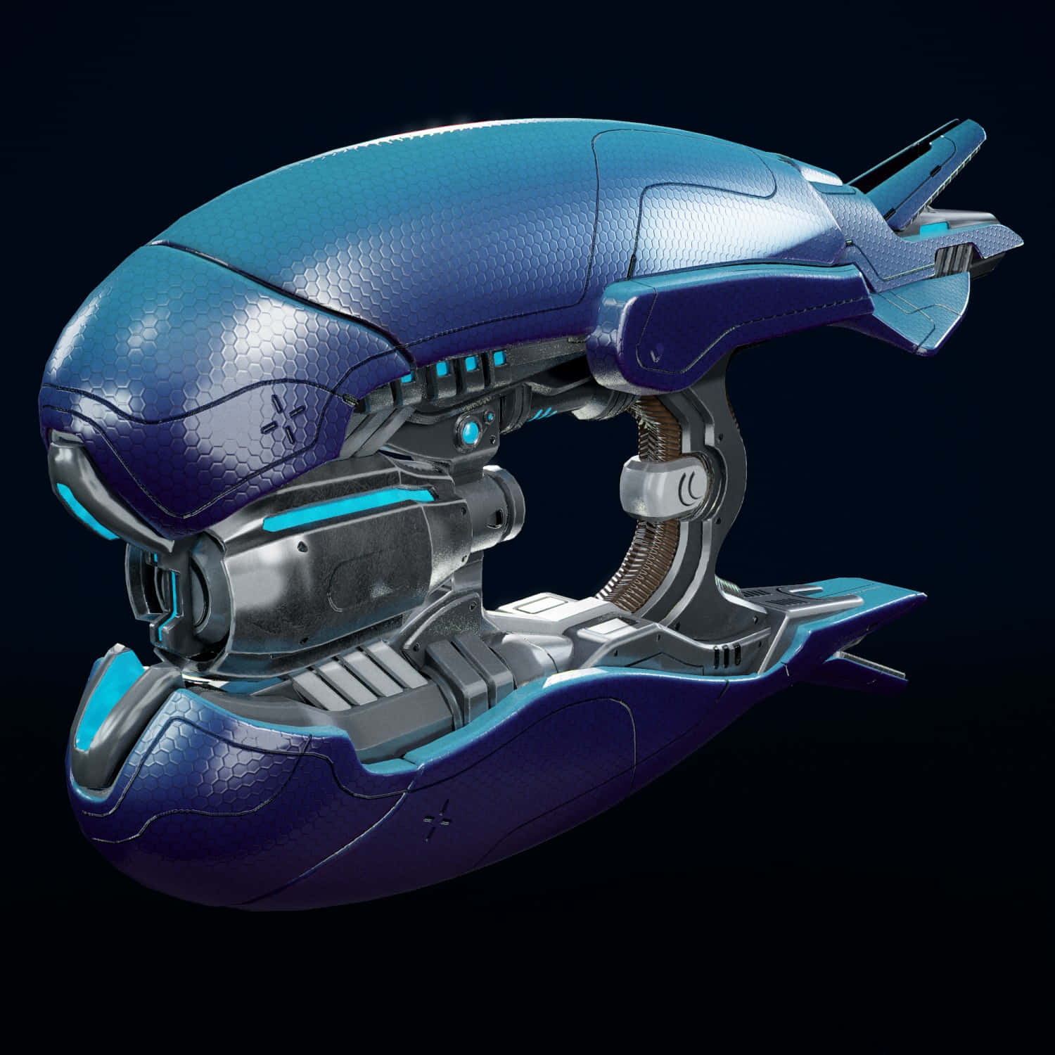 Plasma Rifle 桌布 壁紙 — 一艘時尚的未來主義藍銀色太空船，在黑暗背景上帶有發光的青色點綴。