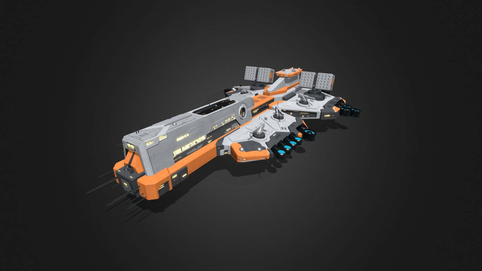HD Ashes Of The Singularity Escalation 桌布 壁紙 — 一艘時尚的未來太空船，帶有橙色和灰色面板，放置在深色工作室背景上。