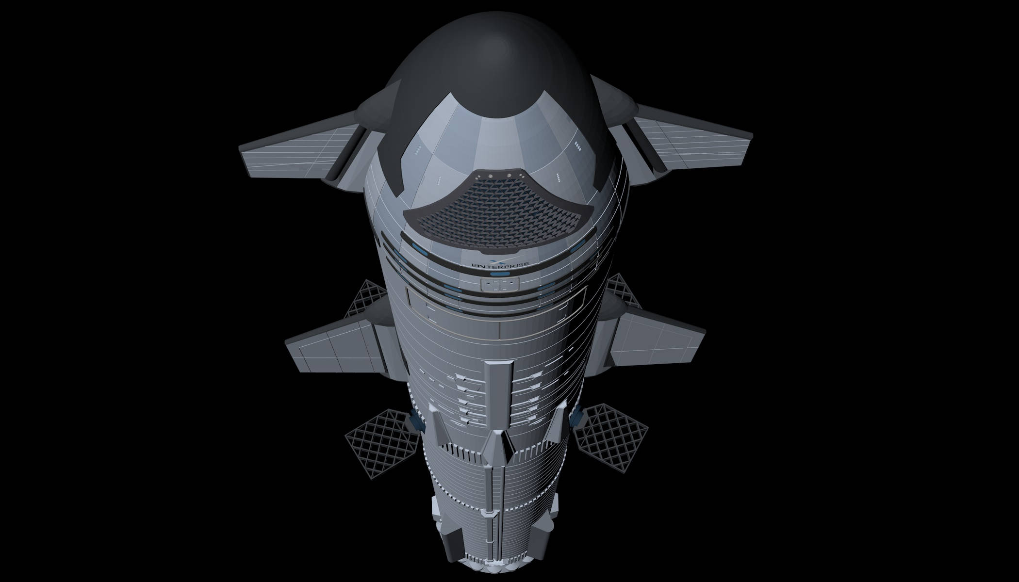 Spacex Starship 桌布 壁紙 — 一艘時尚的未來太空船，帶有灰色金屬面板和翼狀鰭片，漂浮在純黑色的虛空中。