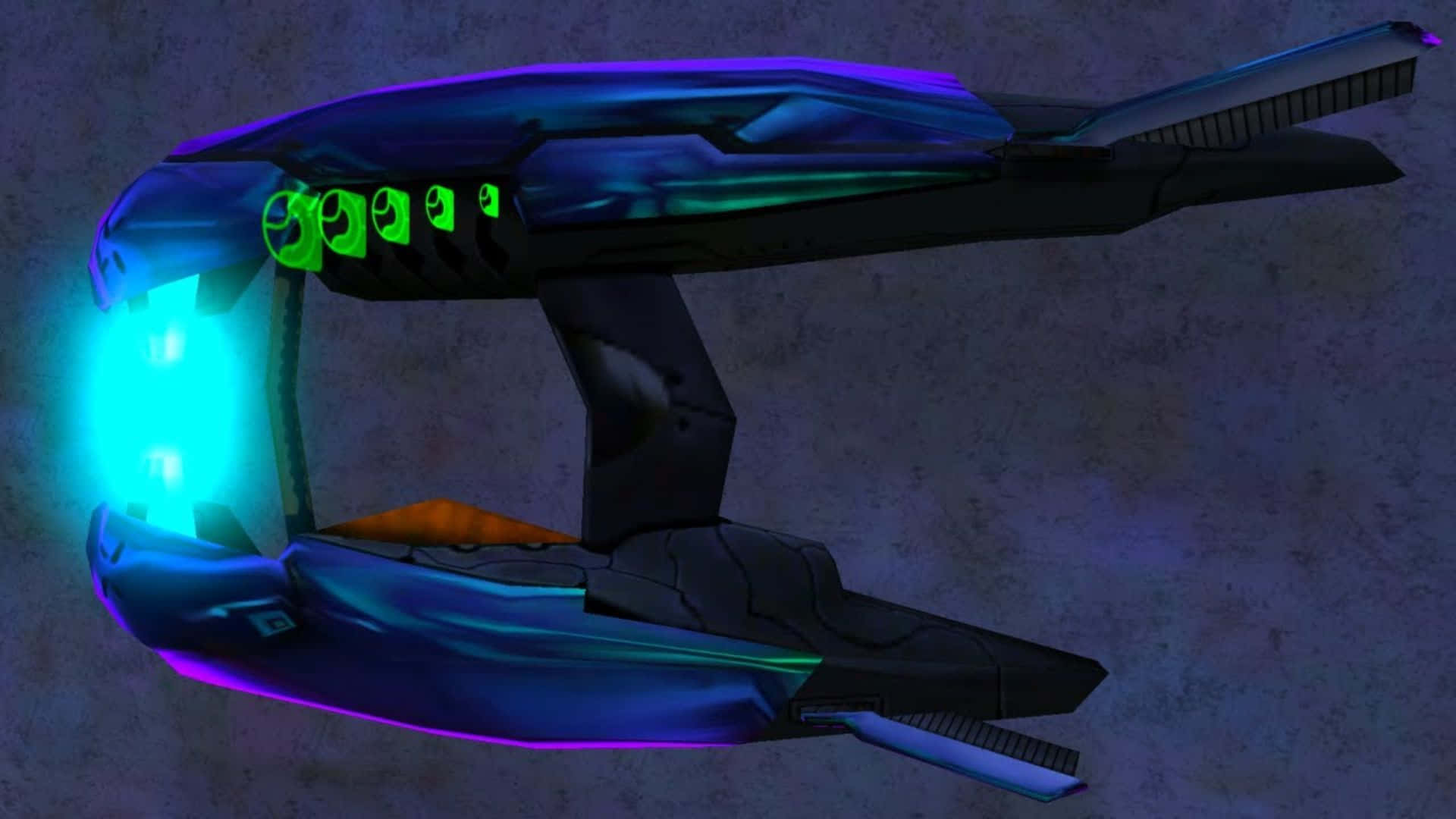 Plasma Rifle 桌布 壁紙 — 一艘時尚的未來太空船，帶有發光的藍色和綠色燈光，靠在有紋理的灰色牆壁上。
