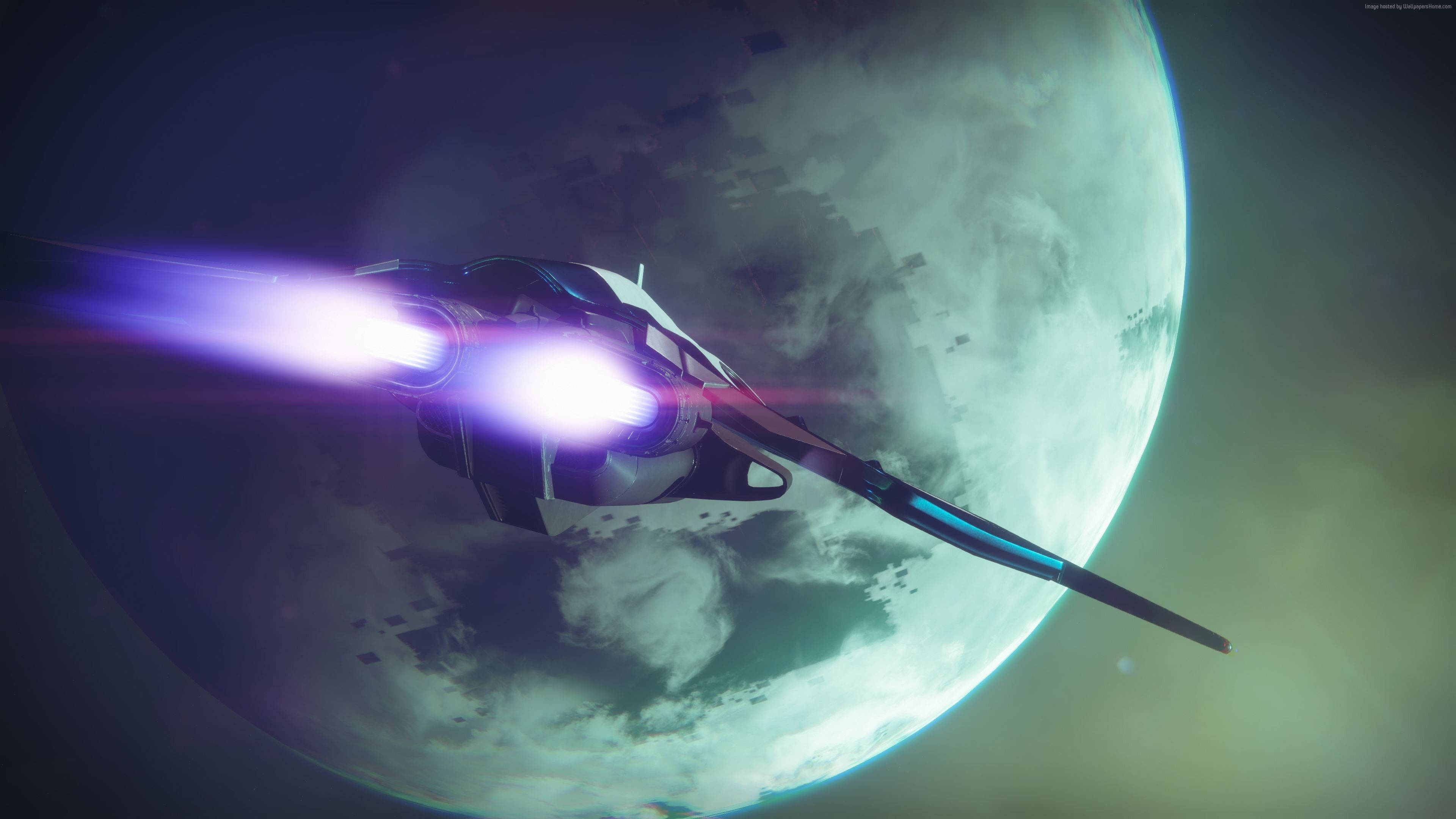 destiny 4K 桌布 壁紙 — 一艘時尚的未來太空船，帶有發光的紫色引擎，在深空中飛過一個巨大的隕石坑月球。