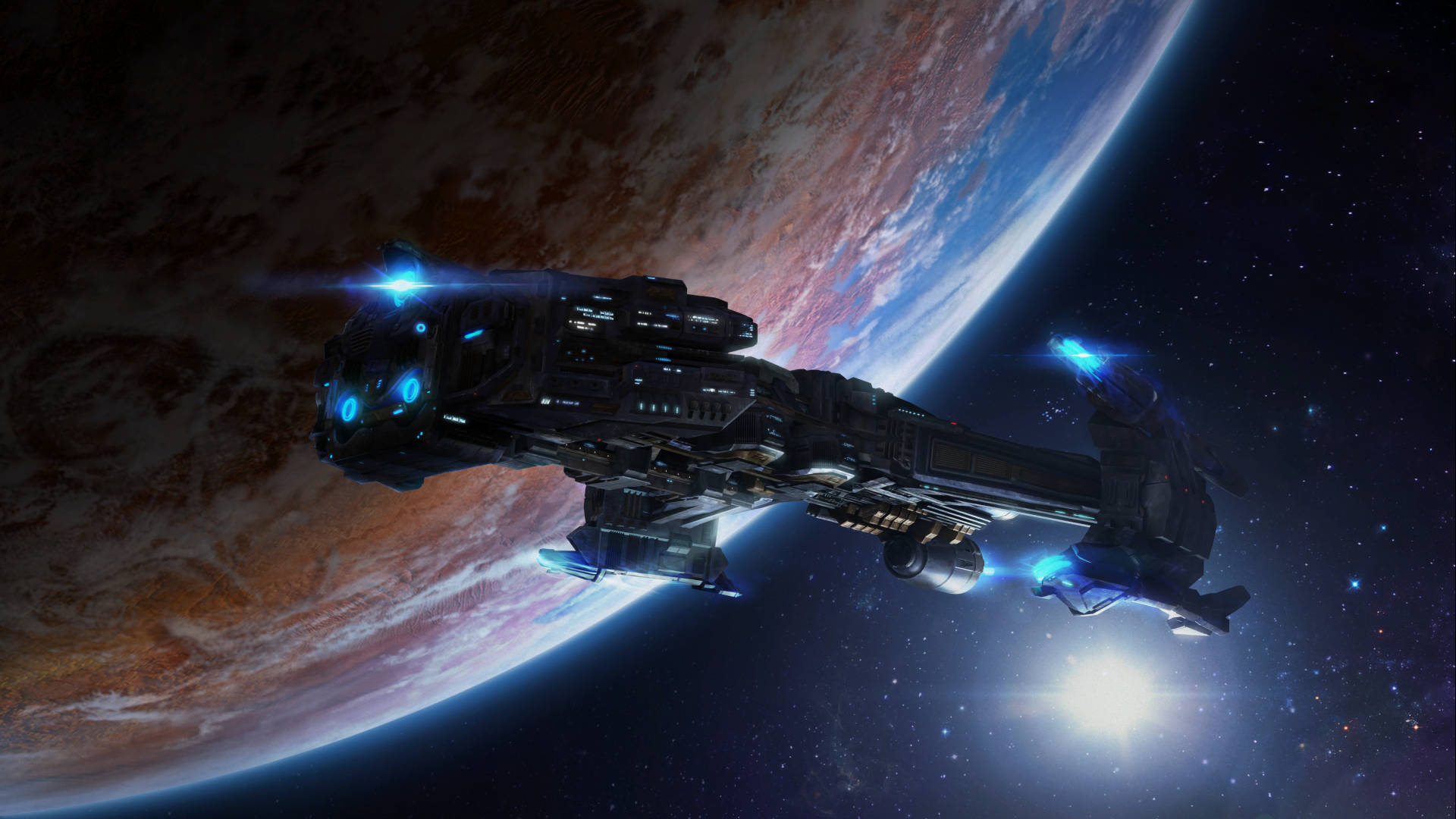 Starcraft 桌布 壁紙 — 一艘時尚的未來太空船，帶有發光的藍色引擎，在星空宇宙背景下繞著一顆巨大的紅褐色行星運行。