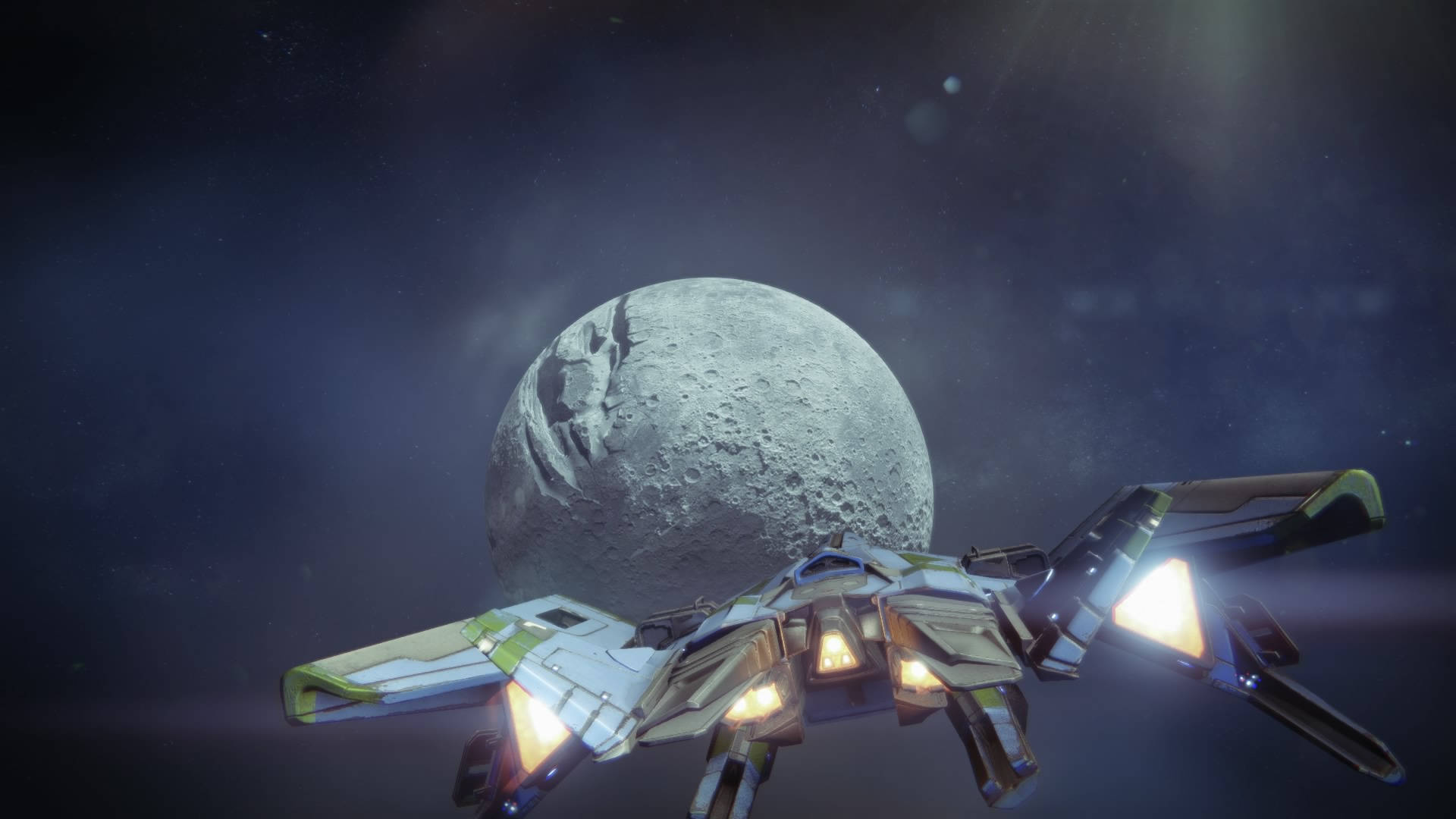 destiny 4K 桌布 壁紙 — 一艘時尚的未來太空船，引擎發光，在星光璀璨的宇宙背景下飛過一個巨大的隕石坑月球。