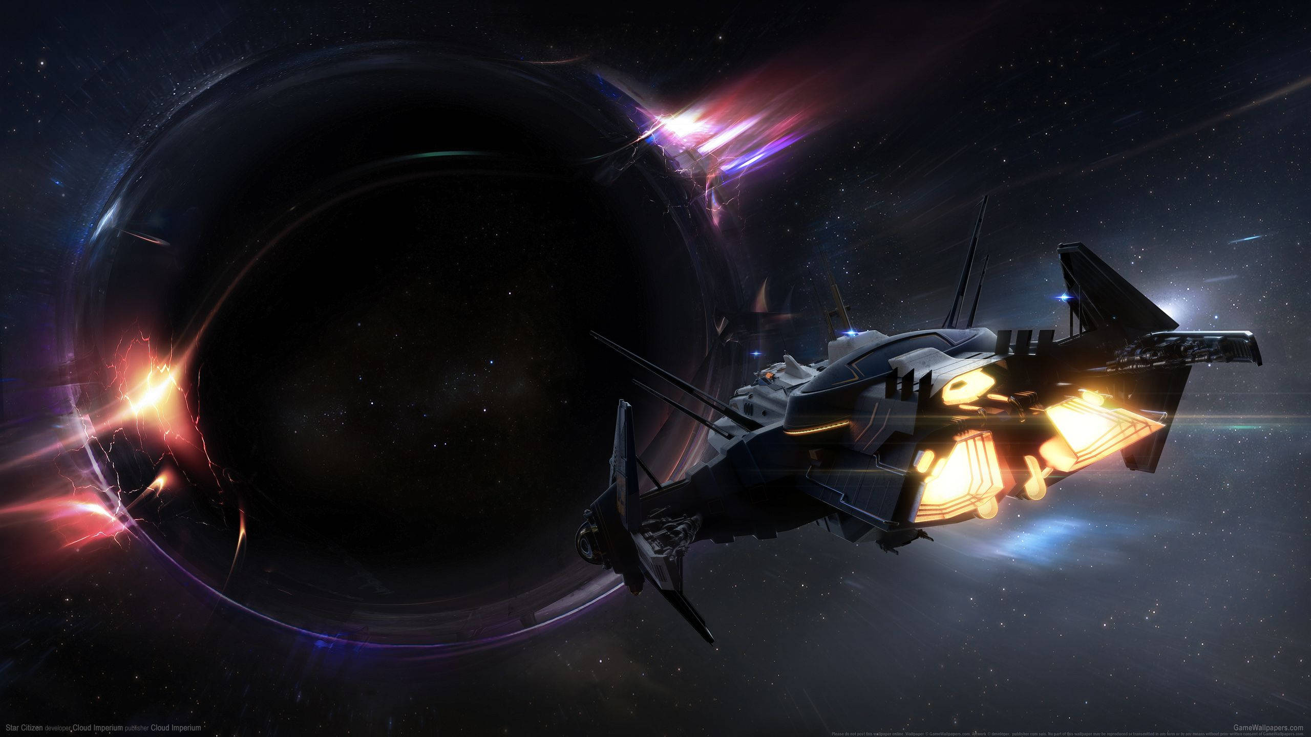 Star Citizen 桌布 壁紙 — 一艘時尚的未來太空船，配備發光引擎，飛過一個充滿星星的虛空中旋轉的宇宙漩渦。