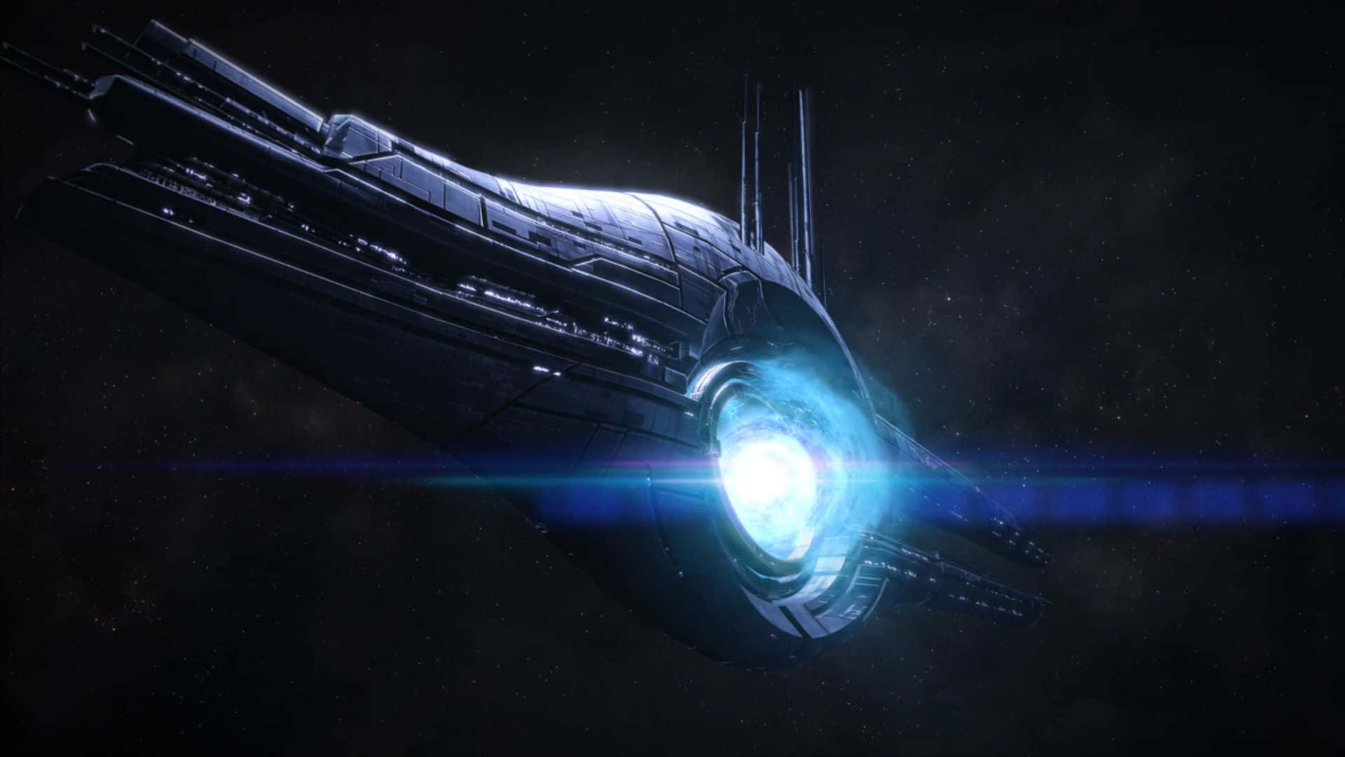 Mass Effect Citadel 桌布 壁紙 — 一艘時尚的未來太空船，配備發光的藍色引擎，劃過滿是星辰的虛空。