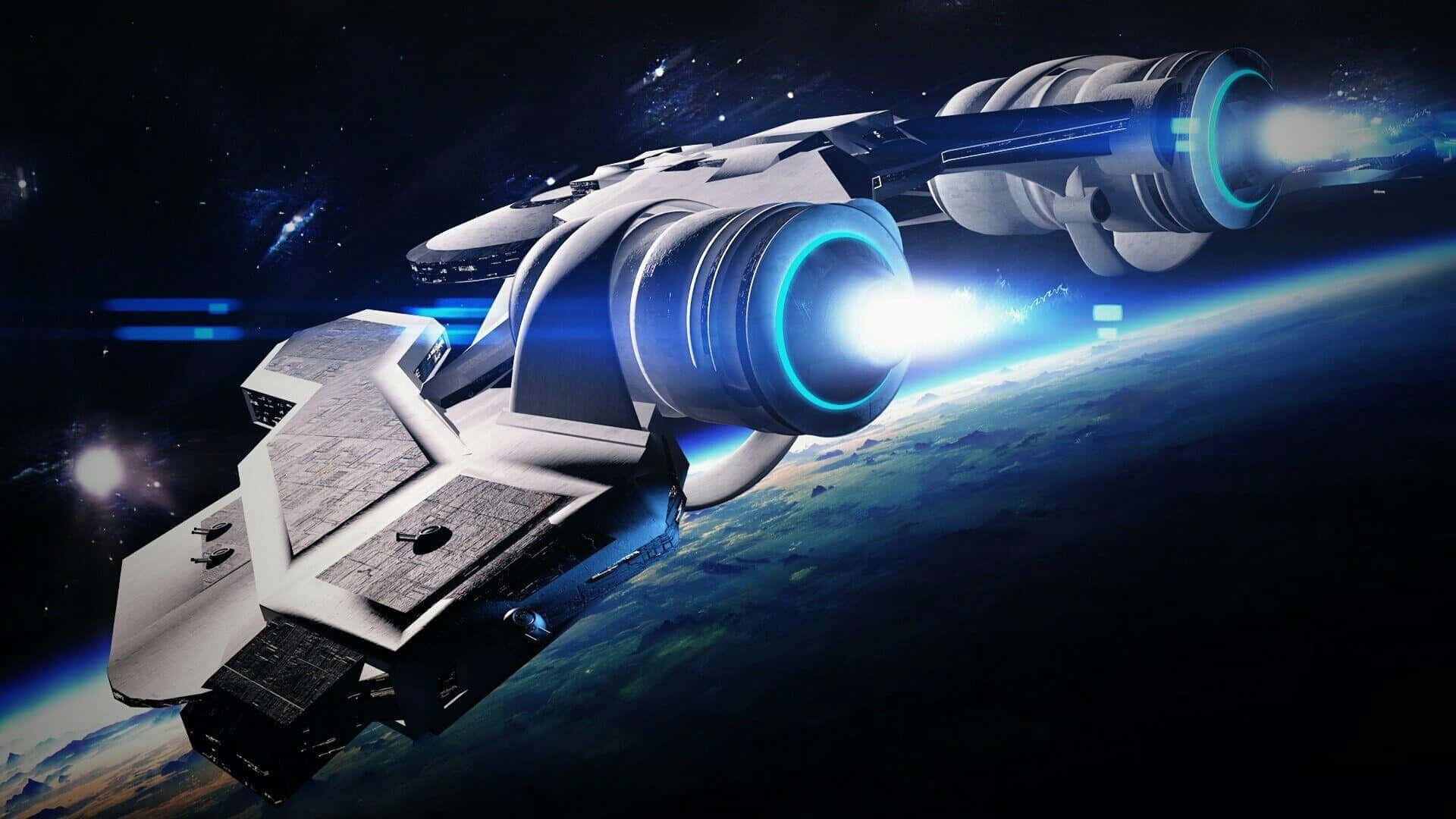 Spaceship 桌布 壁紙 — 一艘時尚的未來太空船，配備發光的藍色引擎，在充滿活力的藍色行星上方穿越太空。
