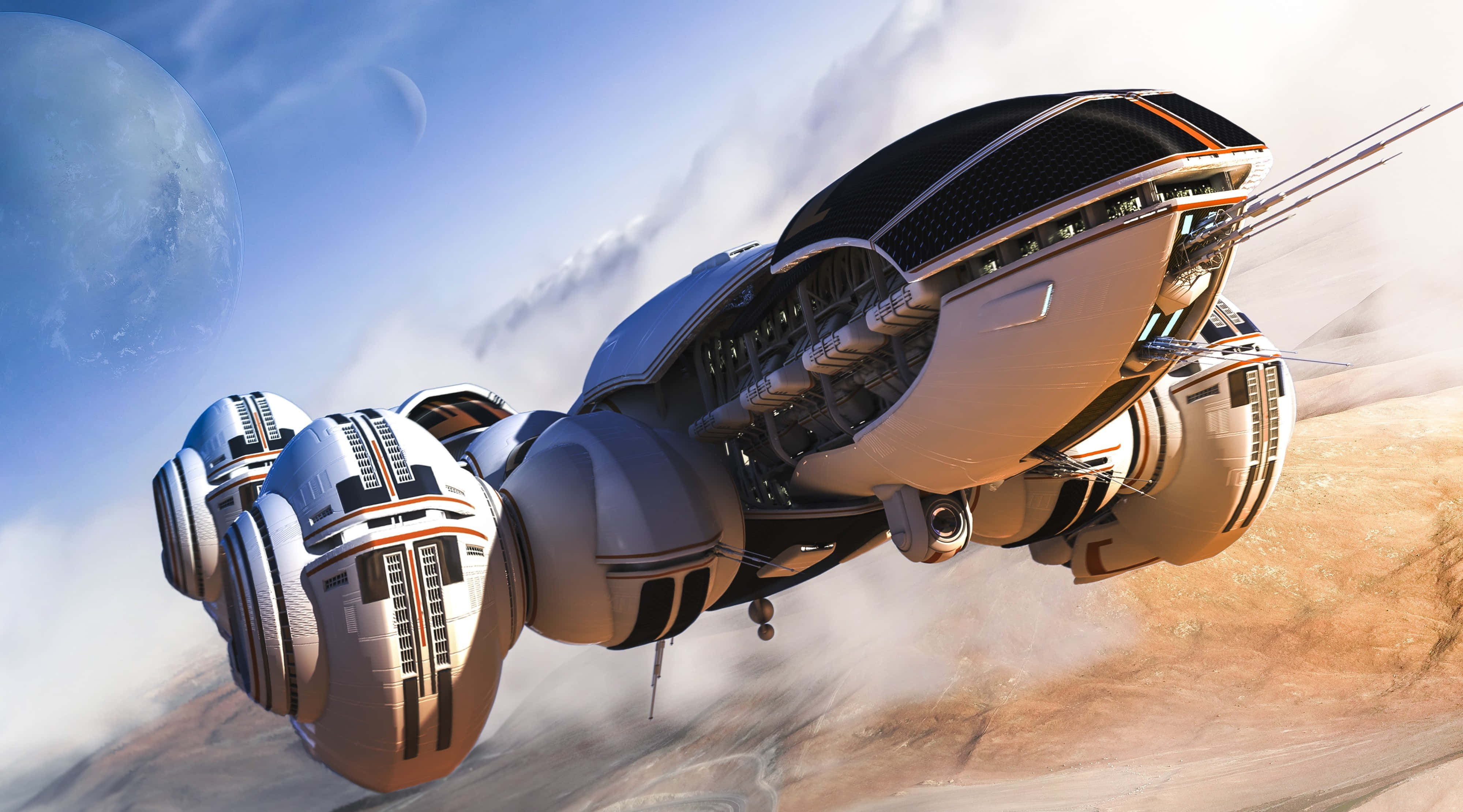 Spacecraft 桌布 壁紙 — 一艘時尚的未來太空船低飛過一個沙漠星球，天空中有藍色的月亮。