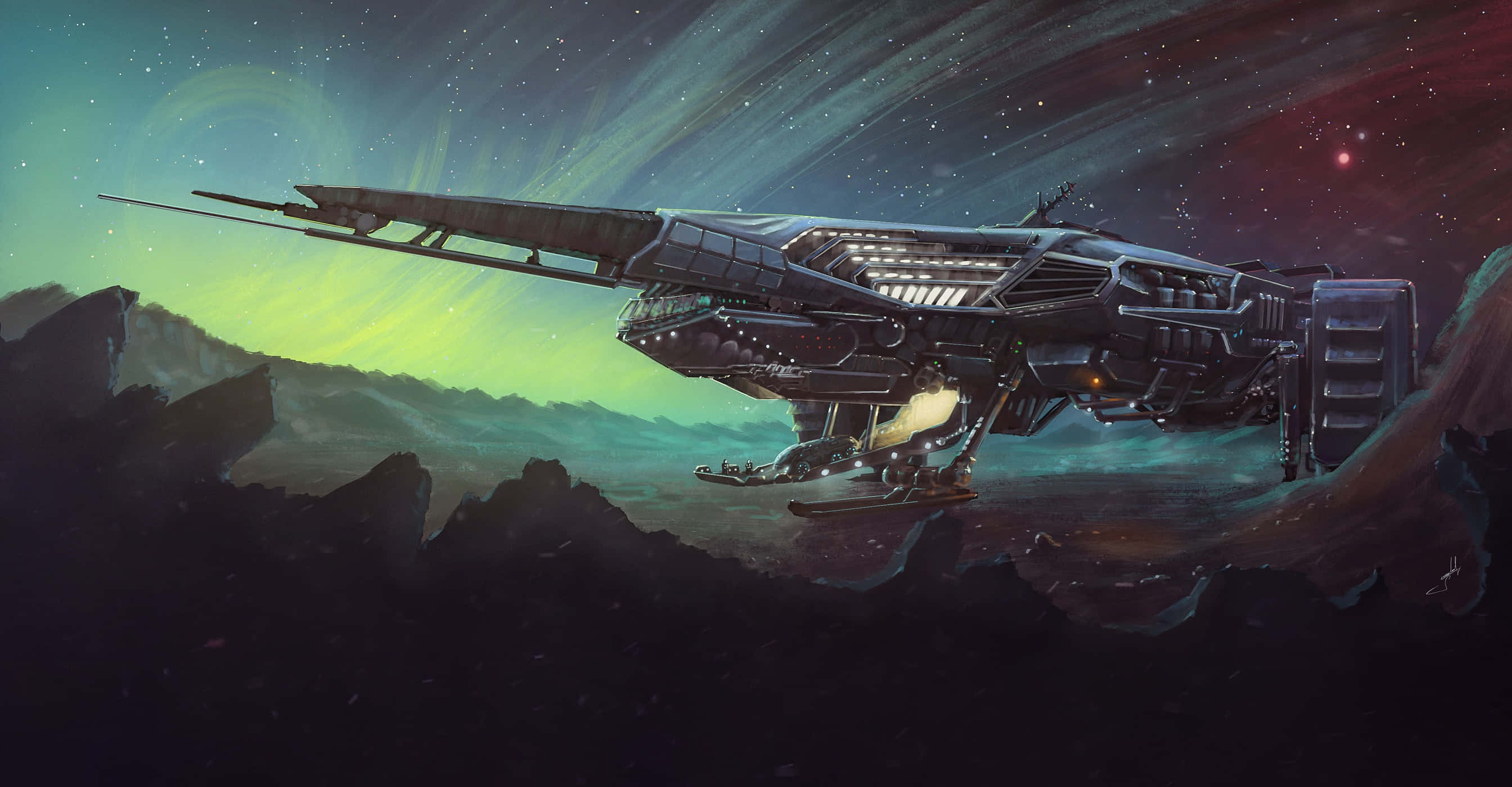 Spacecraft 桌布 壁紙 — 一艘時尚的未來太空船停泊在岩石外星行星上，天空閃耀著充滿活力的綠色和紫色極光。