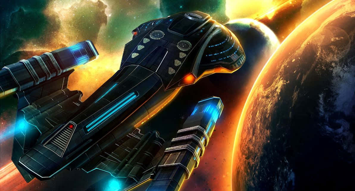 Online Gaming 桌布 壁紙 — 一艘時尚的未來太空船在充滿活力的宇宙星雲背景下滑過一顆發光的行星。