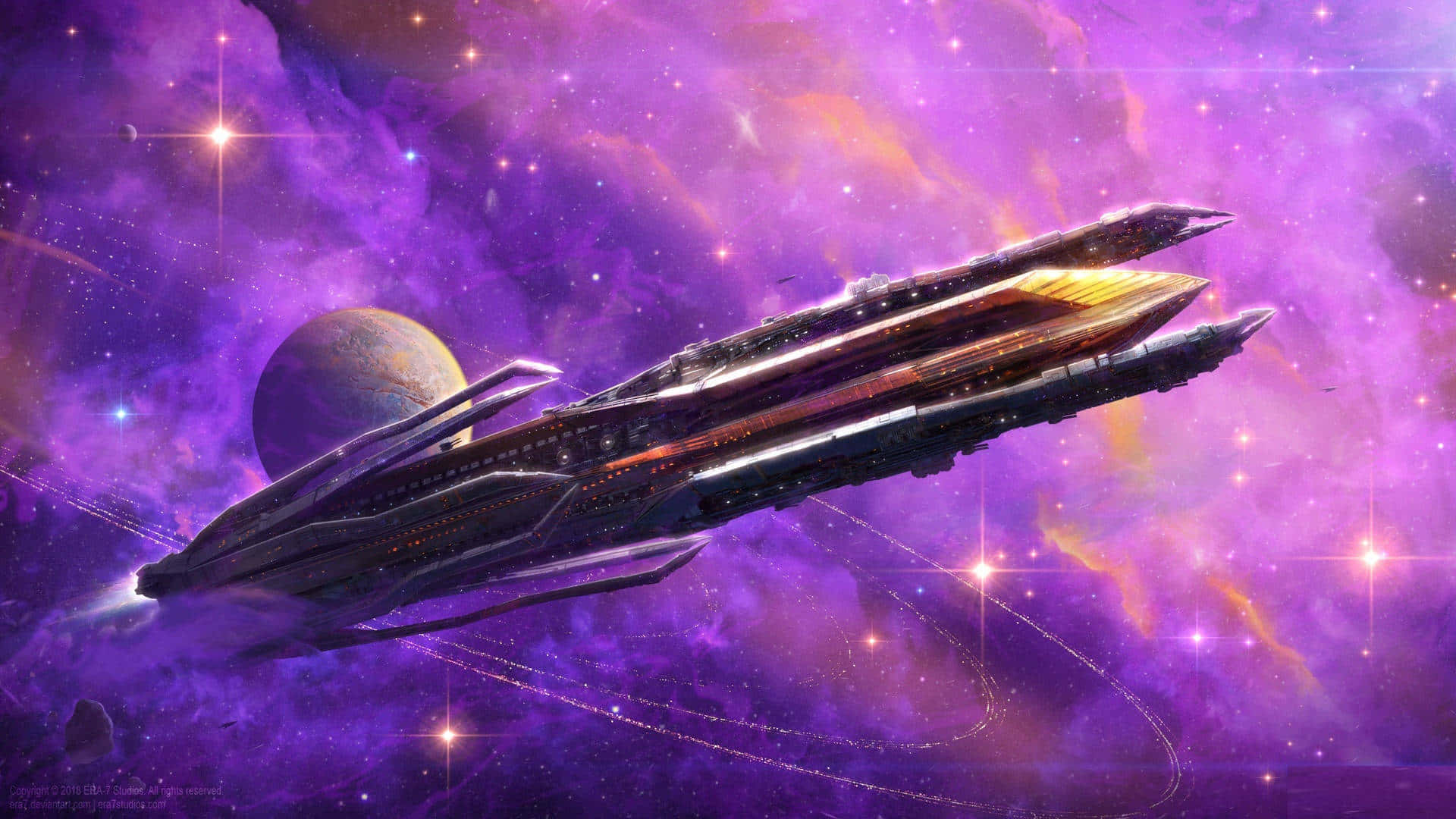 Spaceship 桌布 壁紙 — 一艘時尚的未來太空船在充滿活力的紫色星雲中滑行，星雲中點綴著閃爍的星星和一顆遙遠的行星。