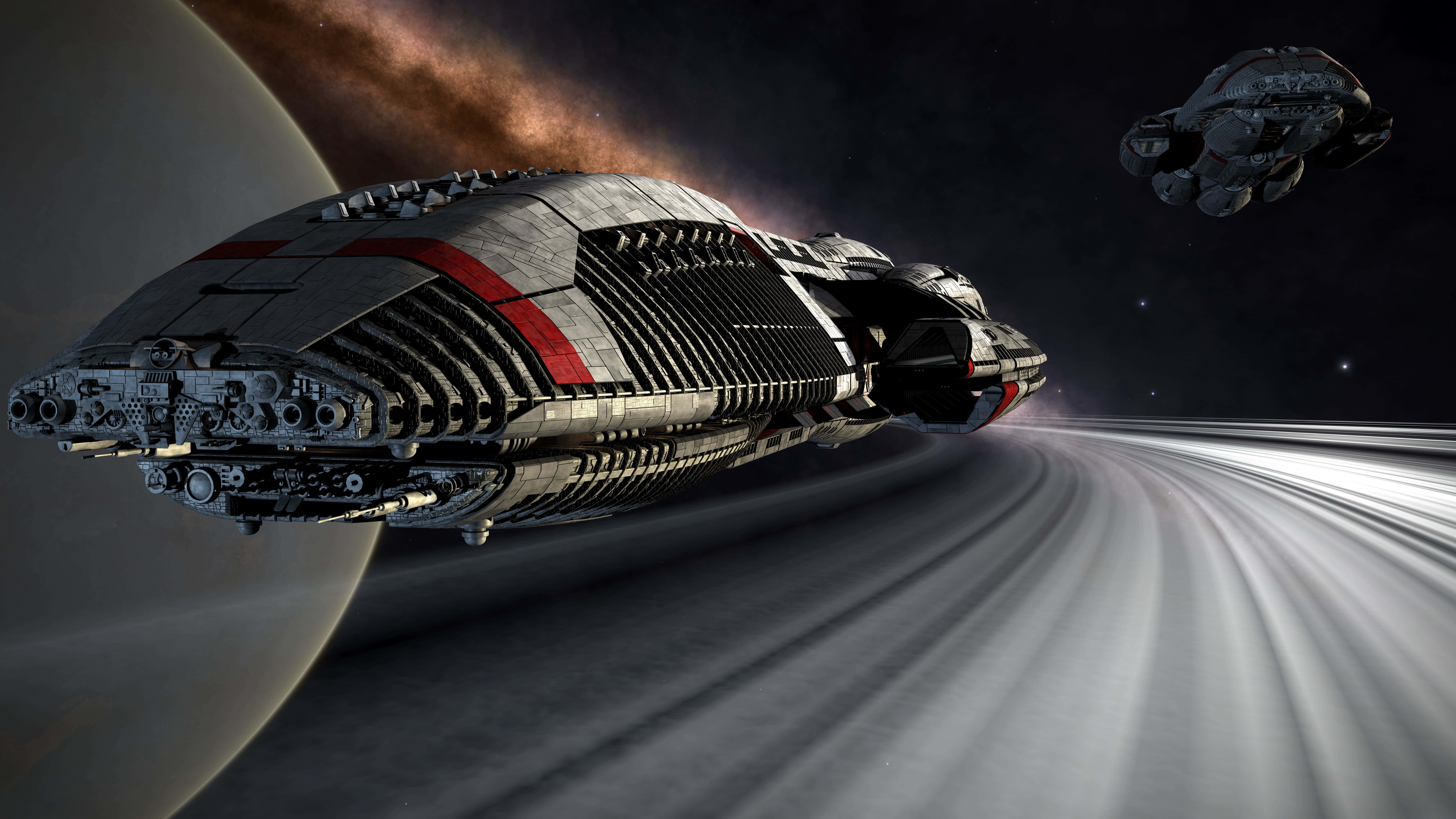 battlestar galactica 桌布 壁紙 — 一艘時尚的未來太空船在太空中疾馳，背景是行星和星雲。