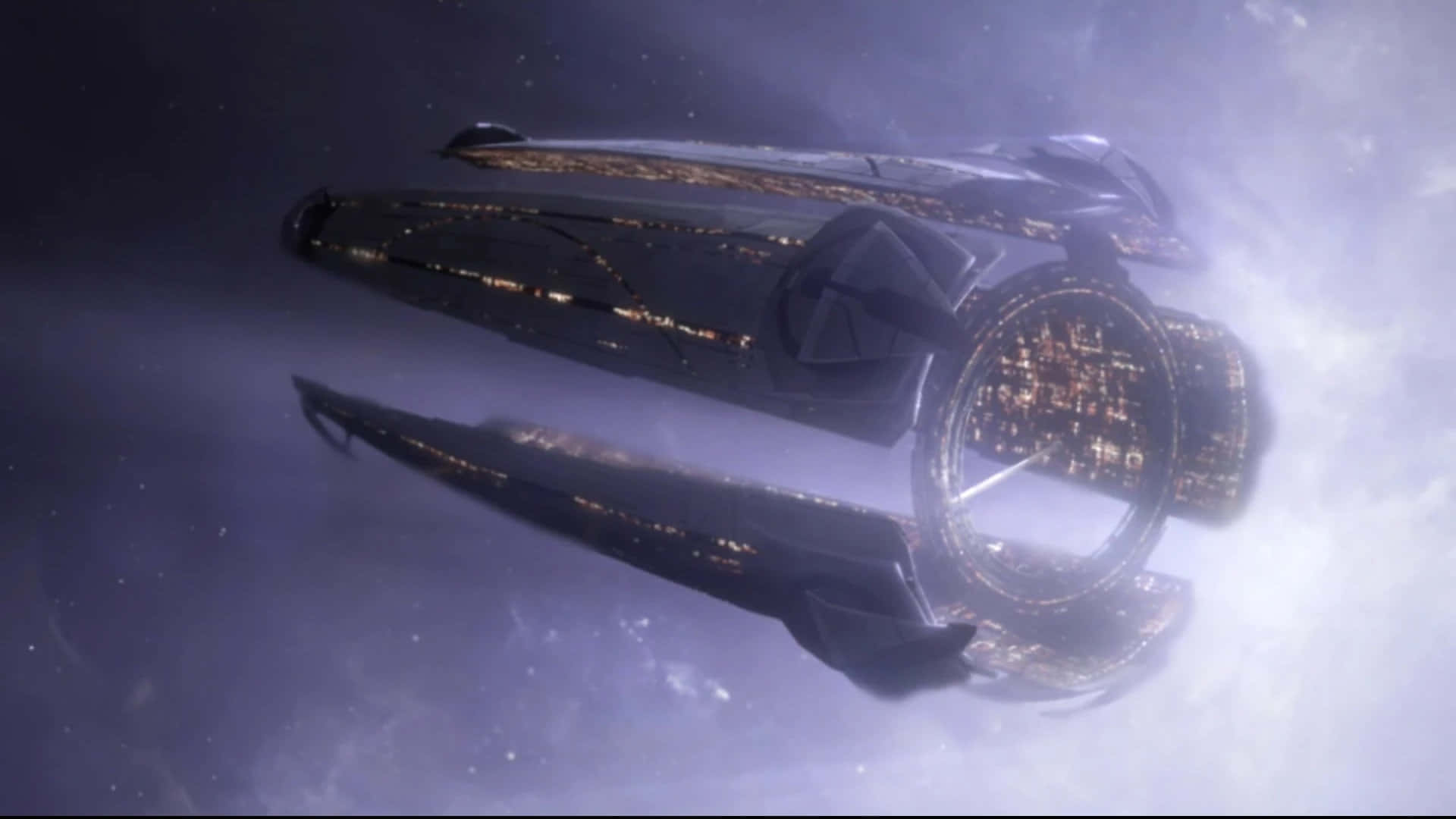 Mass Effect Citadel 桌布 壁紙 — 一艘時尚的未來太空船在宇宙星雲中滑行，發光的金色燈光照亮其黑暗的船體。